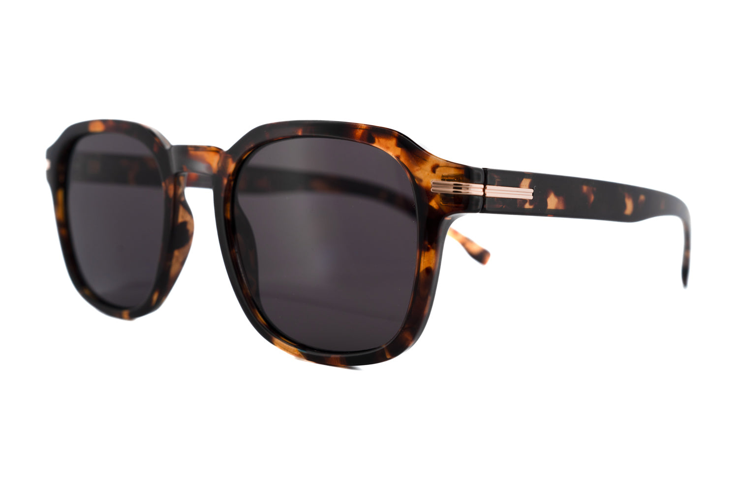 Quinn tortoise square crystal frame sunglasses with smoke UV lenses and gold temple detailing