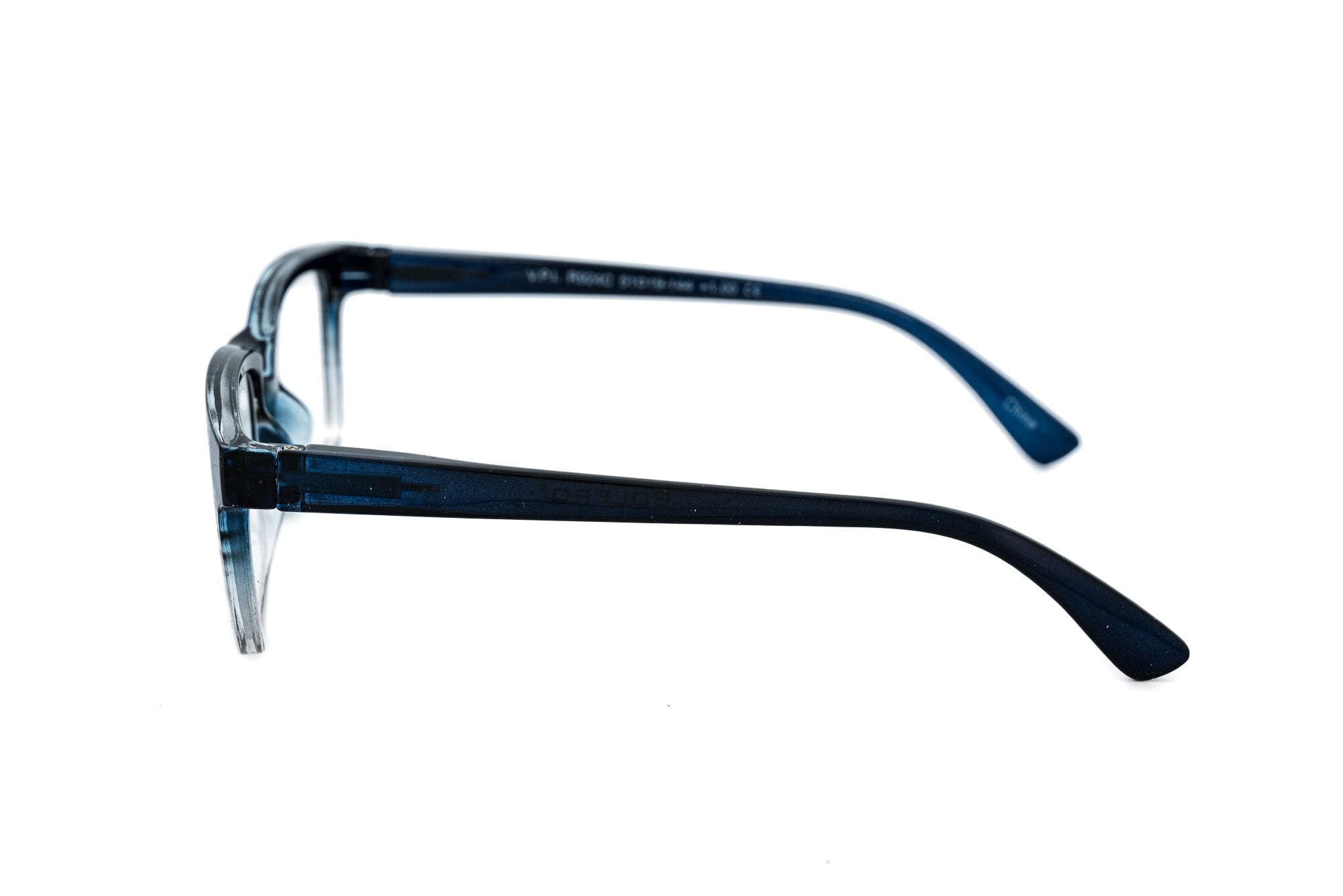 Ravari blue fade rectangular reading glasses with blue-to-clear acetate frame side angle view
