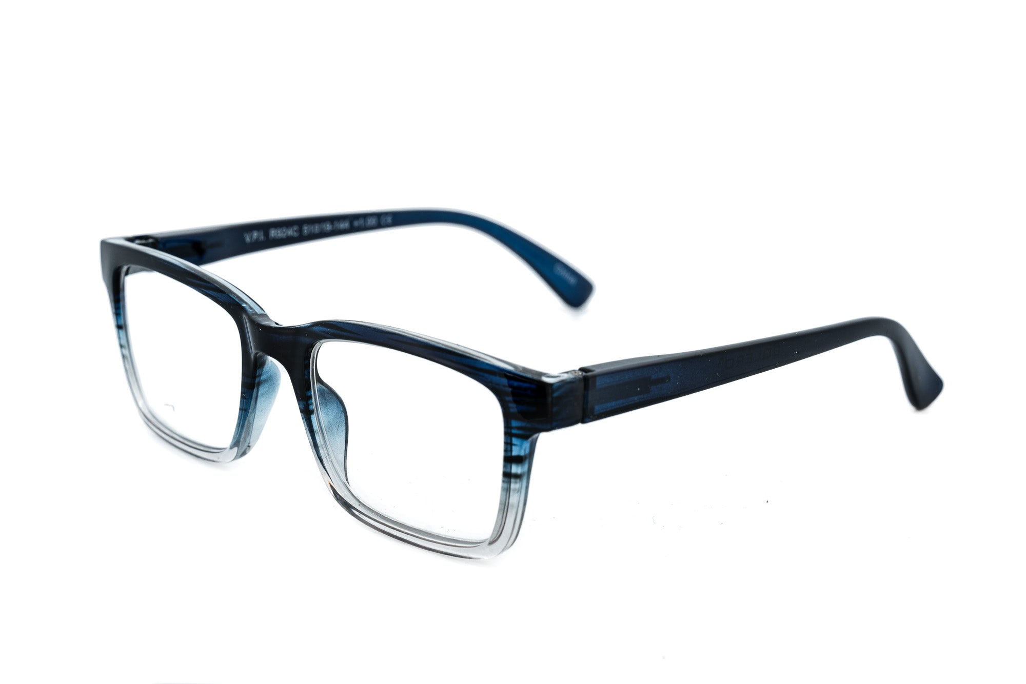Ravari blue fade rectangular reading glasses with blue-to-clear acetate frame