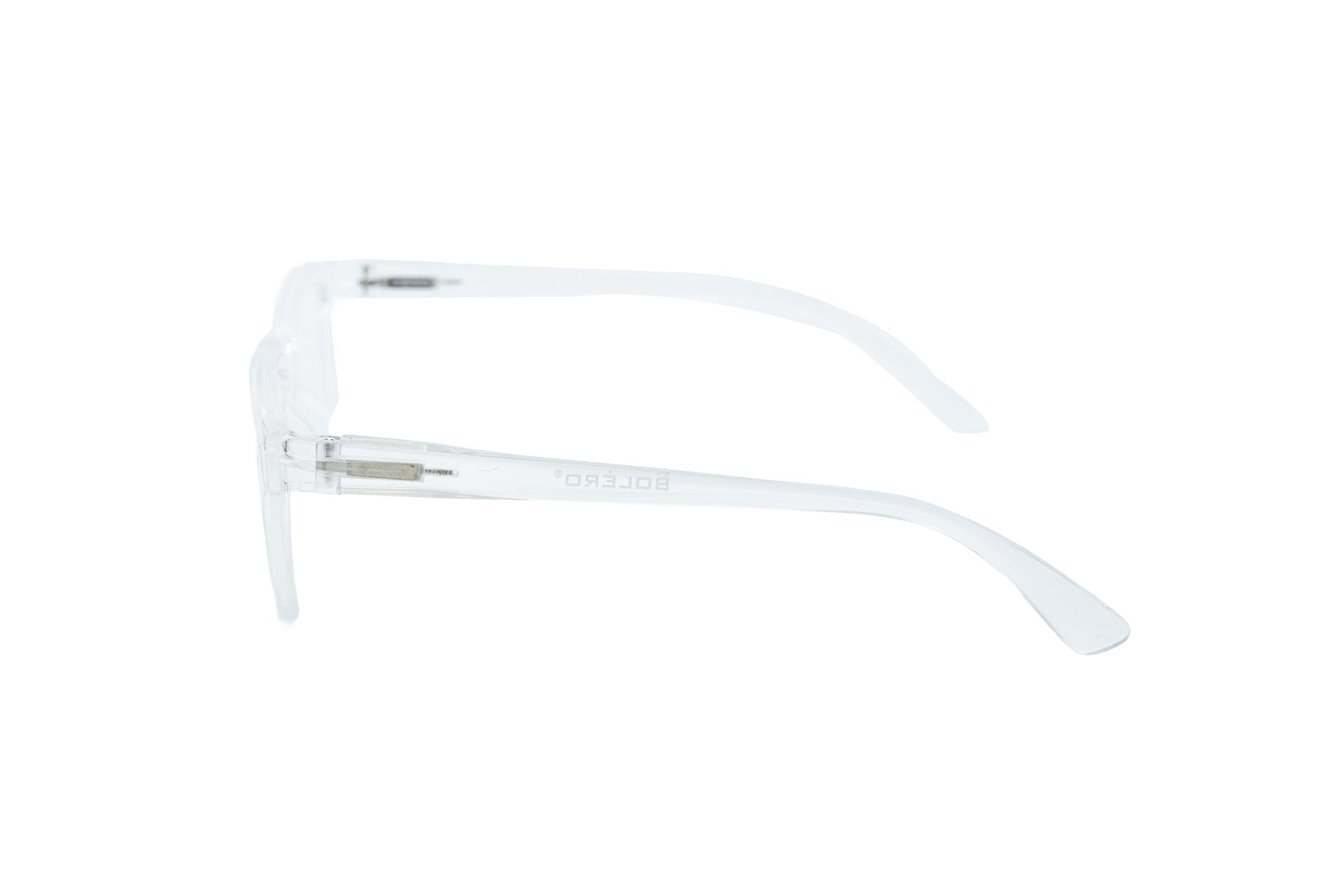 Ravari clear rectangular reading glasses in transparent acetate side angle view