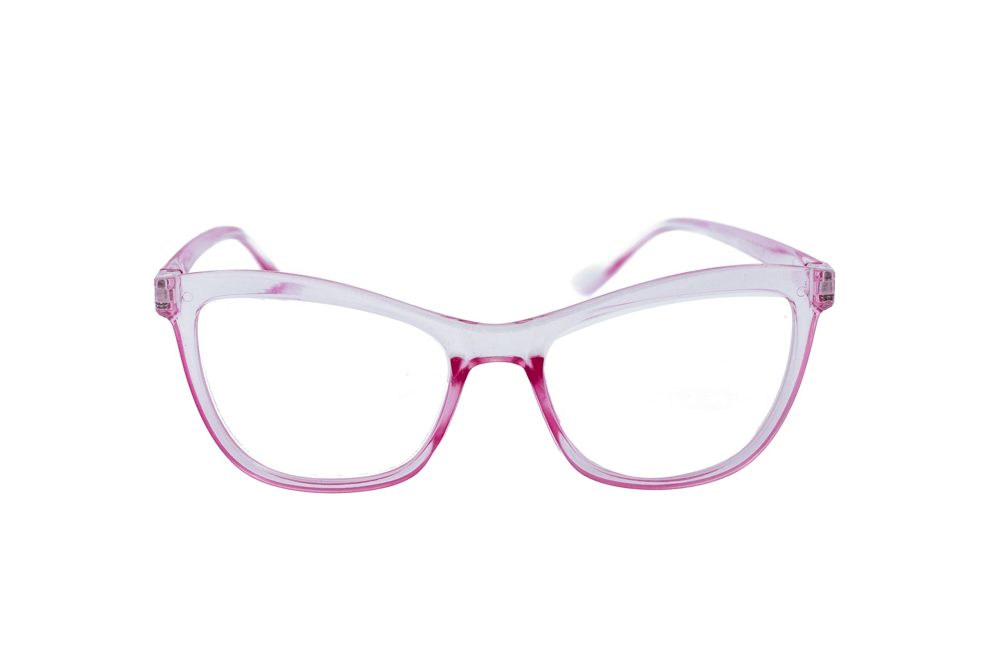 Renelle crystal pink cat-eye reading glasses with translucent frame front angle view