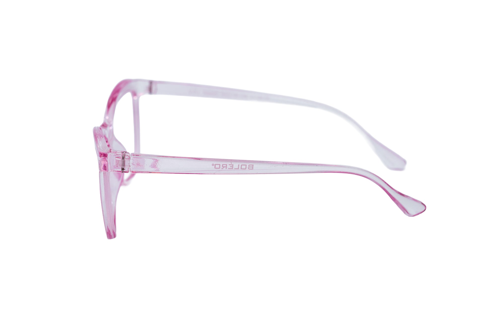 Renelle crystal pink cat-eye reading glasses with translucent frame side angle view