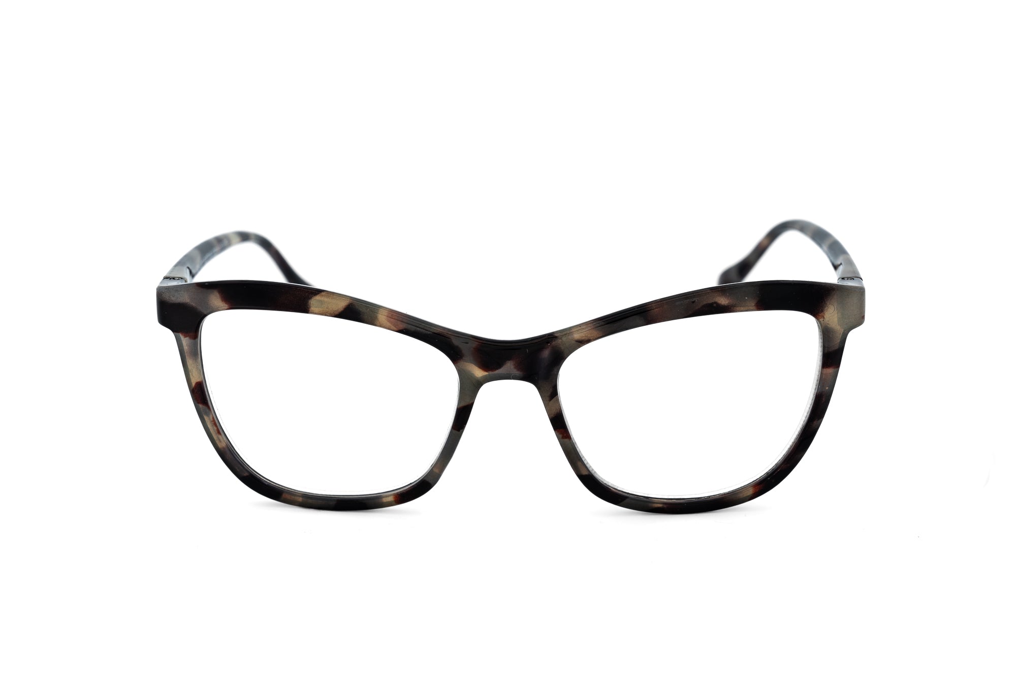 Renelle stone tortoise cat-eye reading glasses with neutral marbled pattern front angle view