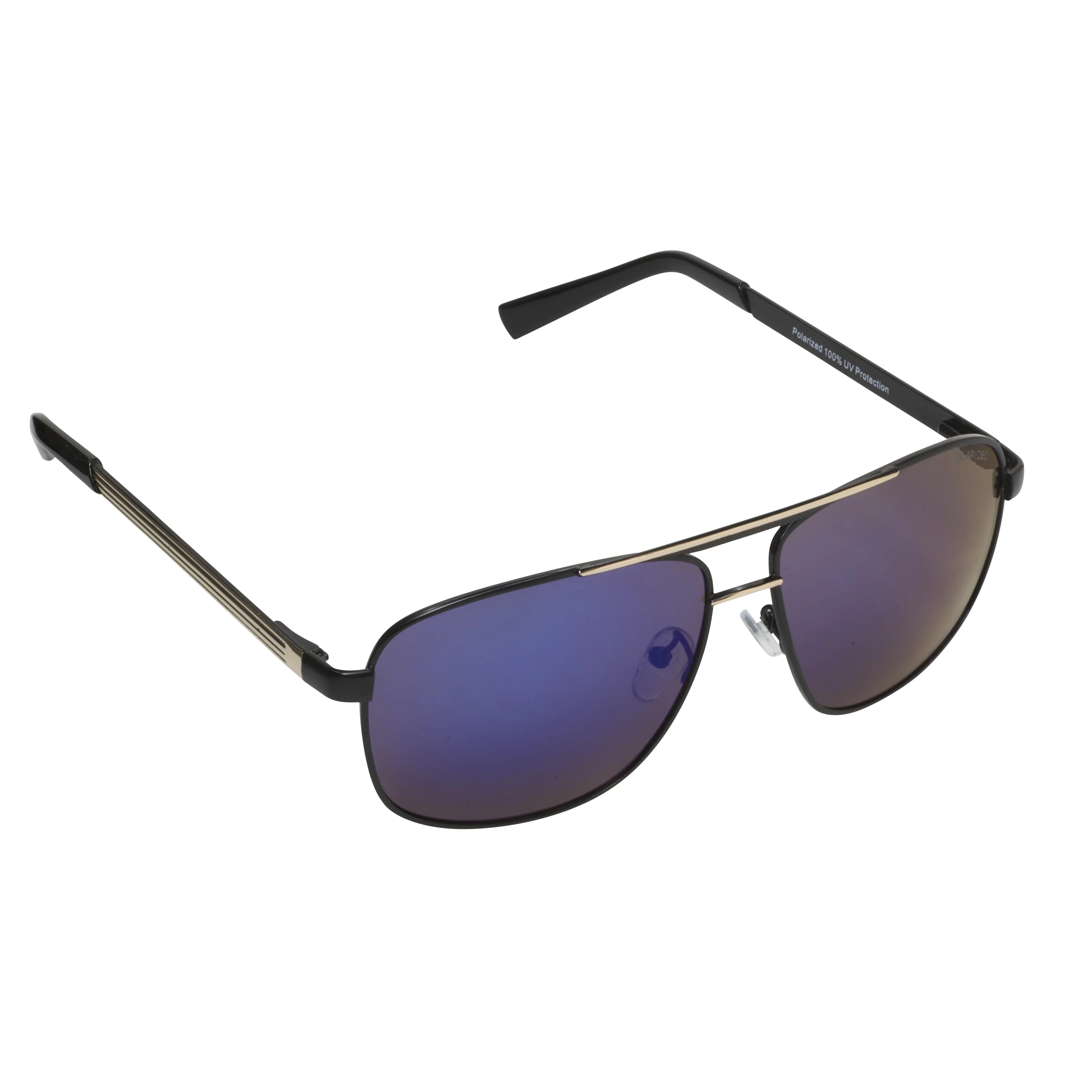 Renlor by Bolero Eyewear black aviator sunglasses with polarized smoke lenses and lightweight metal frame rear three-quarter angle view