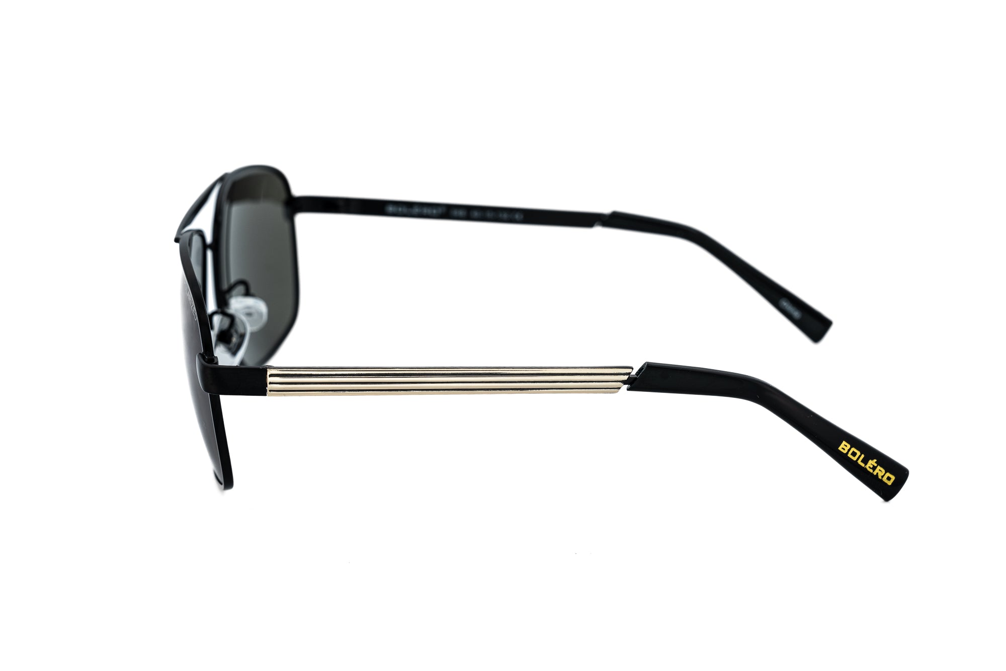 Renlor by Bolero Eyewear black aviator sunglasses with polarized smoke lenses and lightweight metal frame side angle view