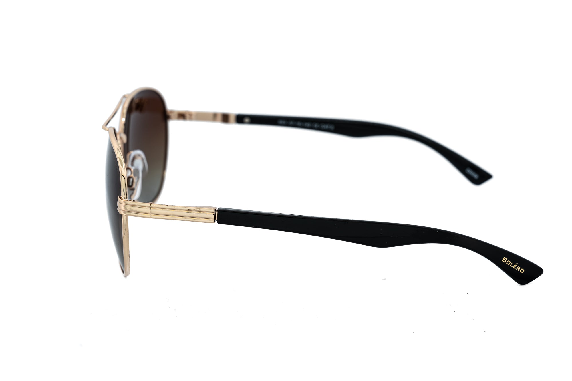Renzo by Bolero Eyewear gold aviator sunglasses with polarized brown gradient lenses side angel view