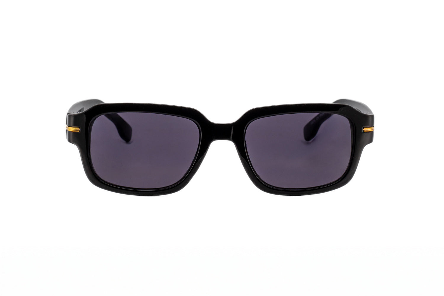 Rhea by Bolero Eyewear slim rectangular sunglasses in black acetate with UV protection lenses front angle view