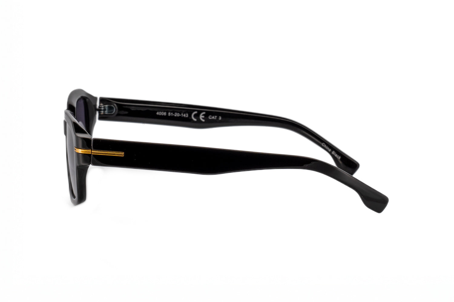 Rhea by Bolero Eyewear slim rectangular sunglasses in black acetate with UV protection lenses side angle view