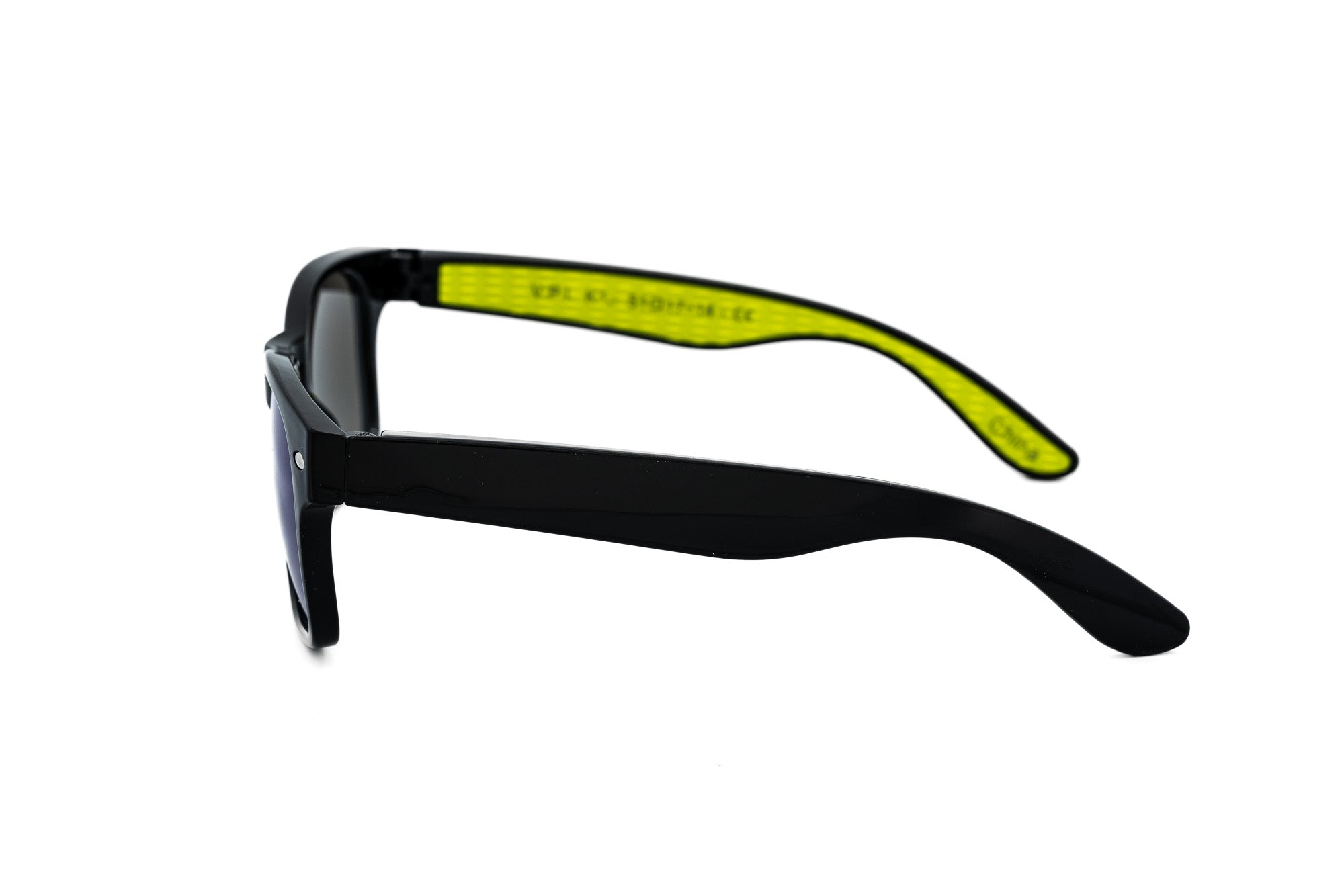 Riffin by Bolero Eyewear kids sunglasses in black frame with blue mirror lenses and neon yellow interior arms side angle view
