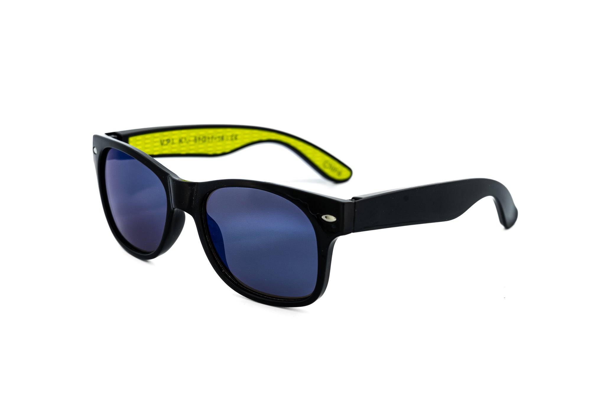 Riffin by Bolero Eyewear kids sunglasses in black frame with blue mirror lenses and neon yellow interior arms