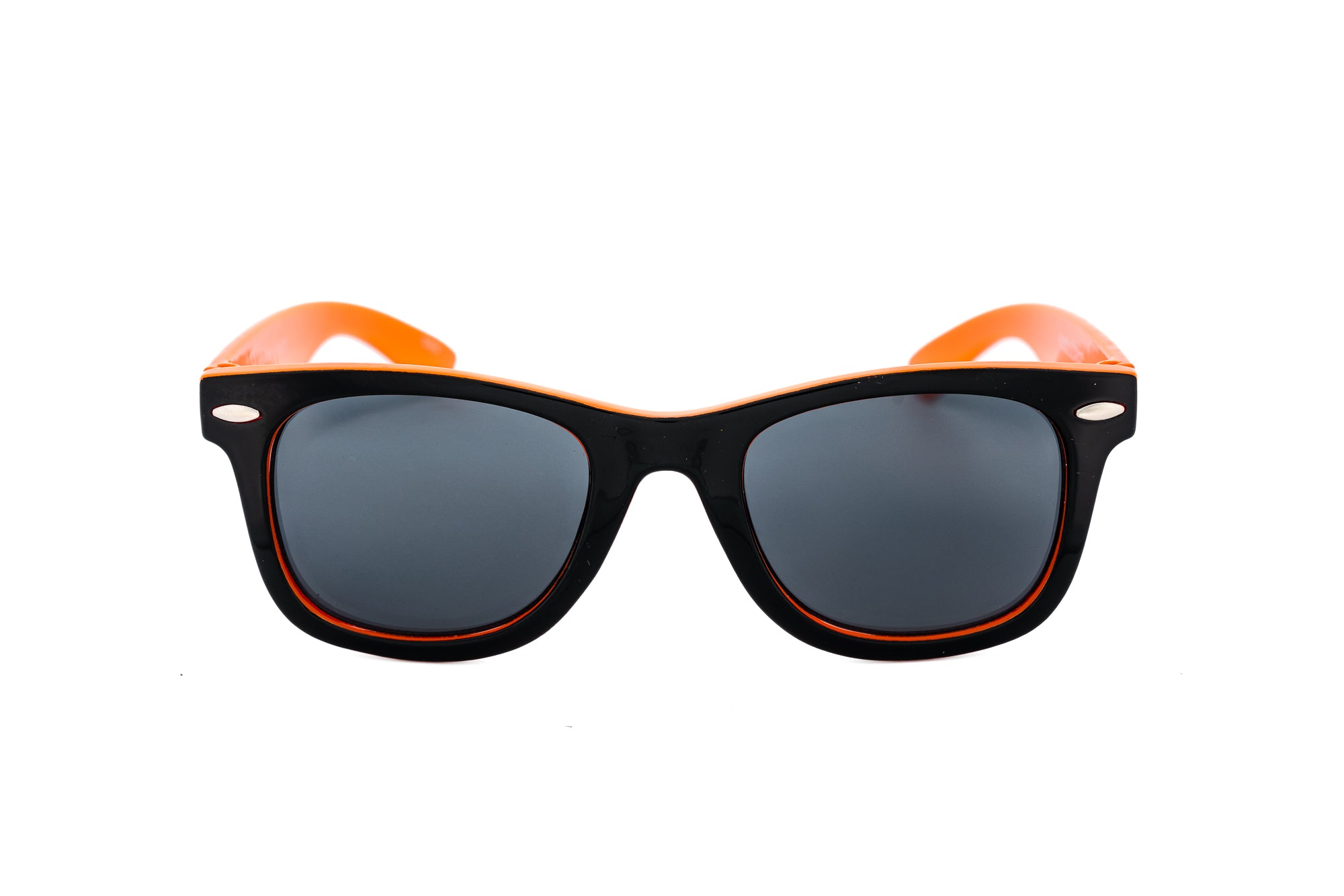 Riffin by Bolero Eyewear kids sunglasses in black and orange two-tone frame with black lenses front angle view