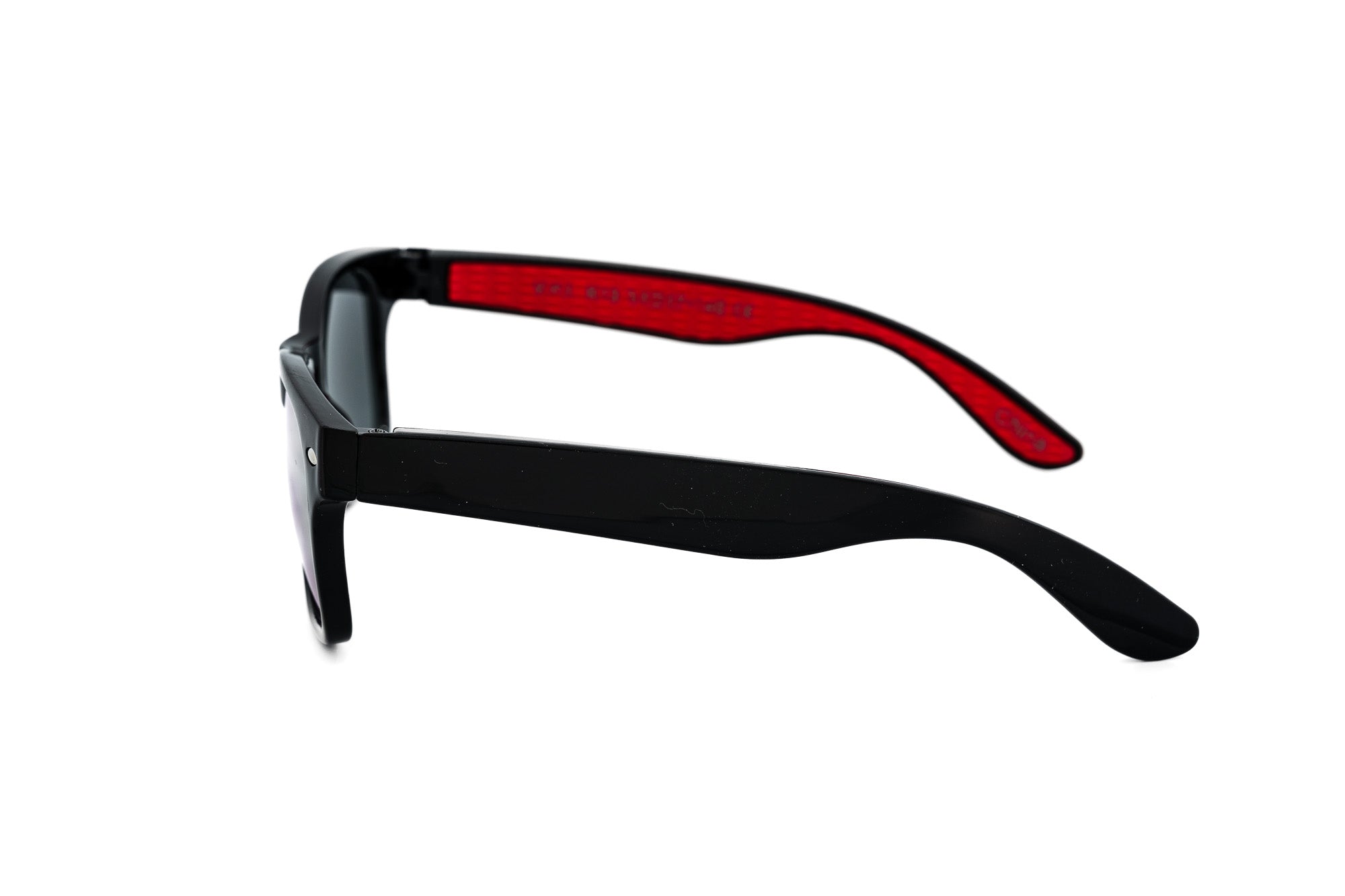 Riffin by Bolero Eyewear kids sunglasses in black frame with red mirror lenses and red interior arms side angle view