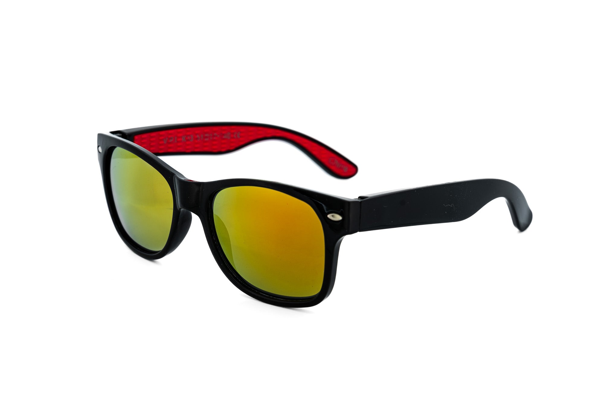 Riffin by Bolero Eyewear kids sunglasses in black frame with red mirror lenses and red interior arms