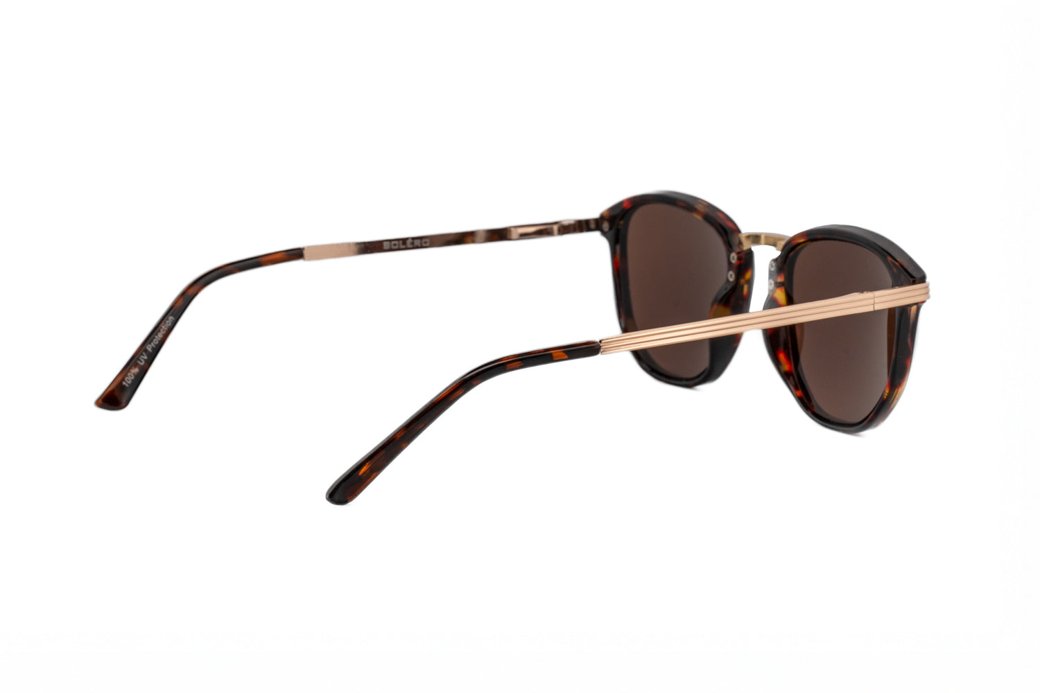 Roan tortoise metal-accent square sunglasses with brown UV lenses by Bolero Eyewear rear three-quarter angle view