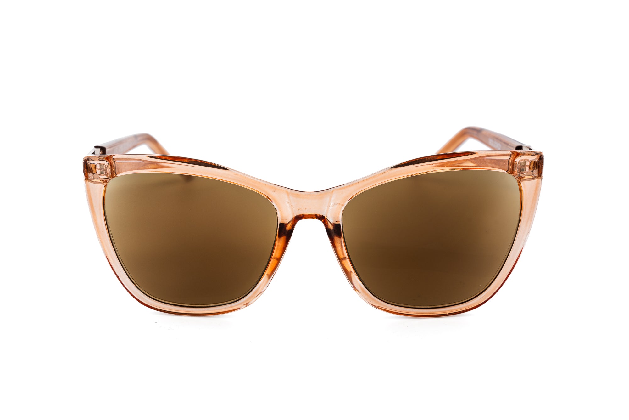 Sabine cat-eye reading sunglasses in amber pink with full magnification lenses and UV-tinted sun lenses front angle view