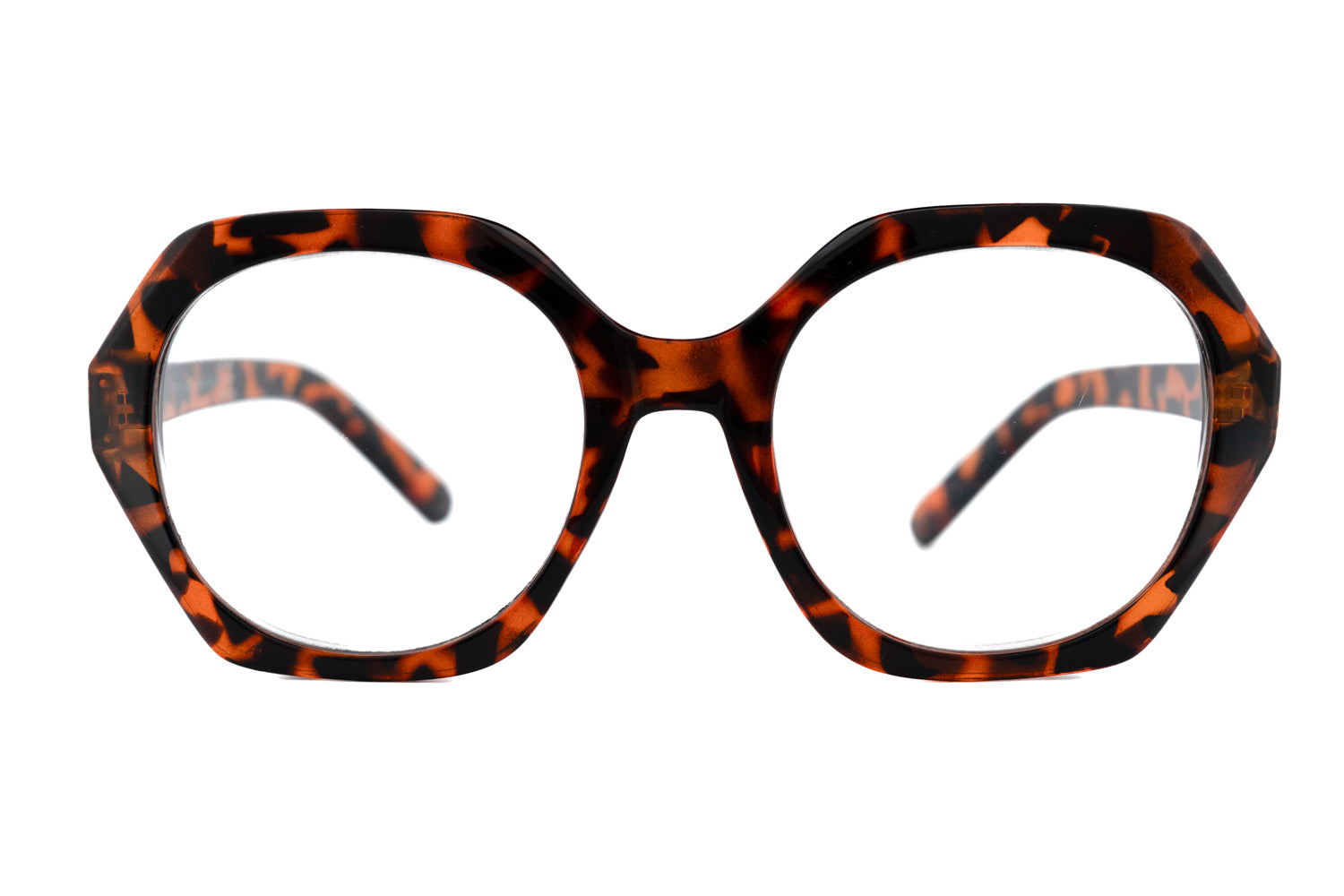 Saffron by Bolero Eyewear oversized round reading glasses in tortoiseshell acetate front angle view