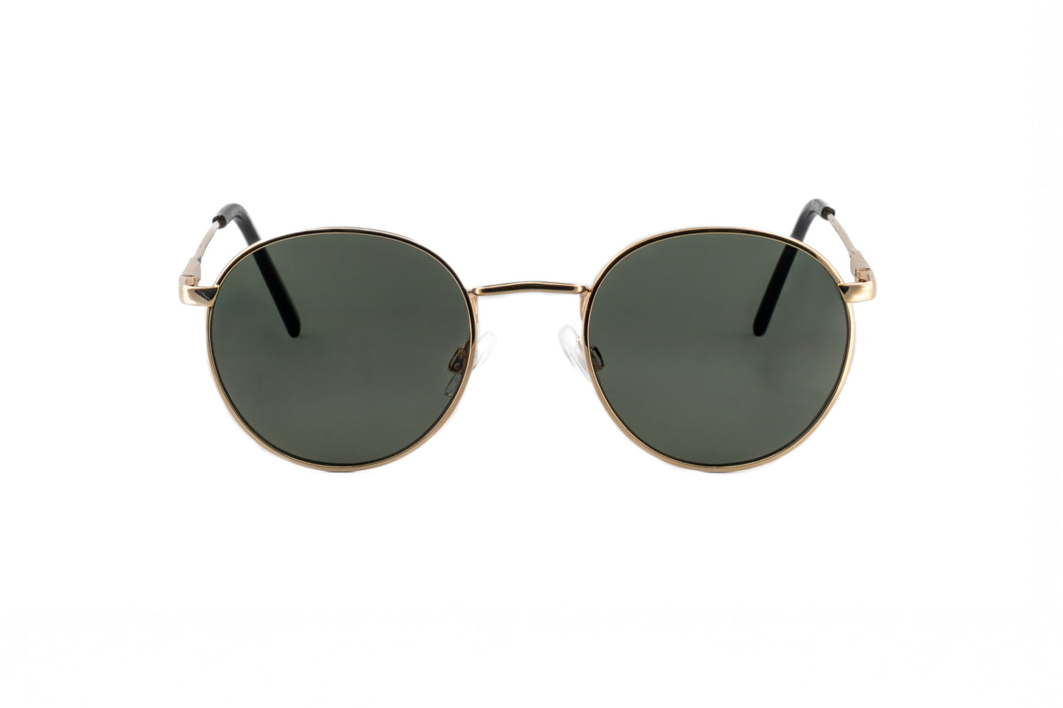 Sage gold round metal frame sunglasses with green smoke UV lenses premium eyewear front angle view