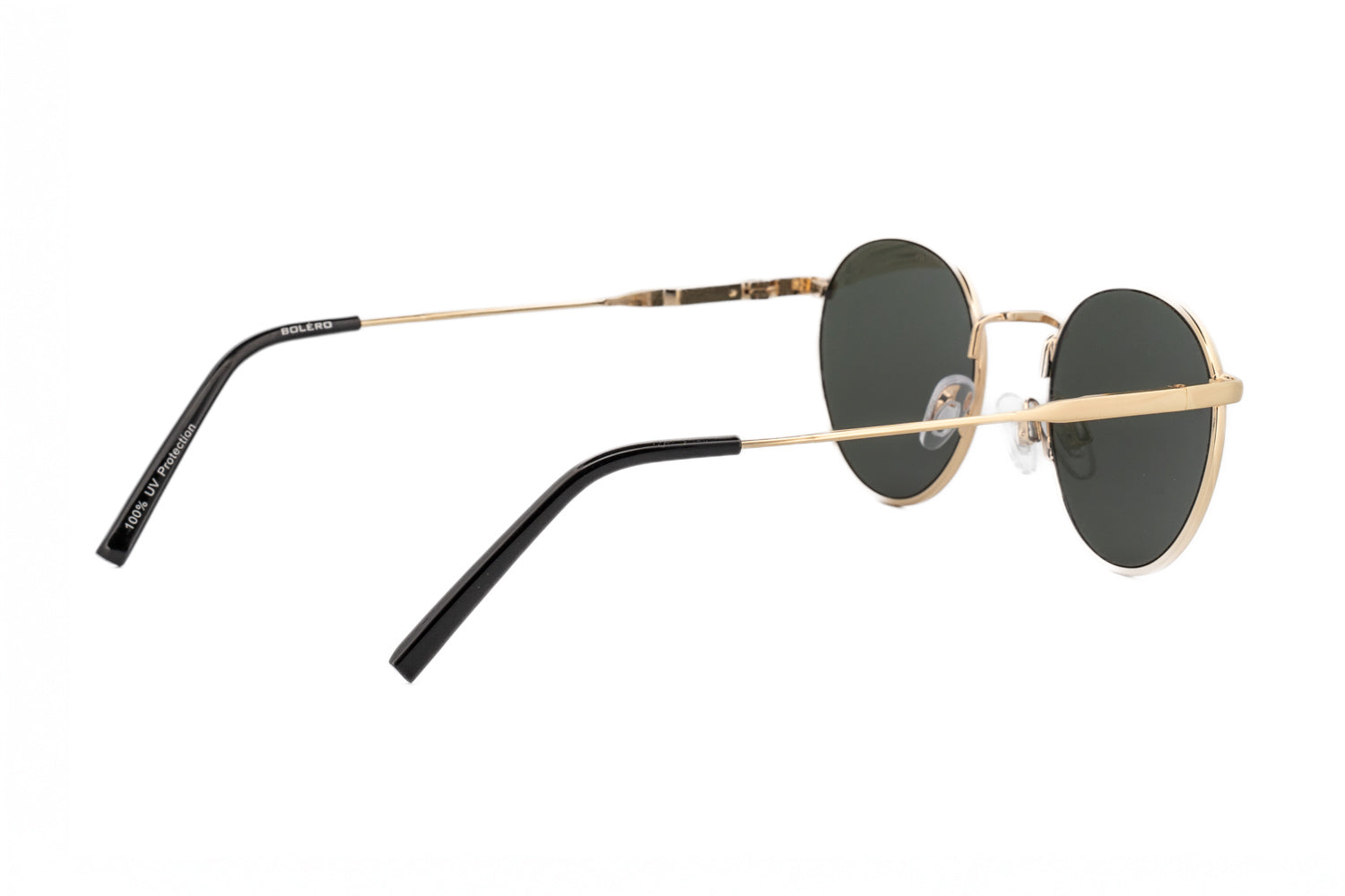 Sage gold round metal frame sunglasses with green smoke UV lenses premium eyewear rear three-quarter angle view