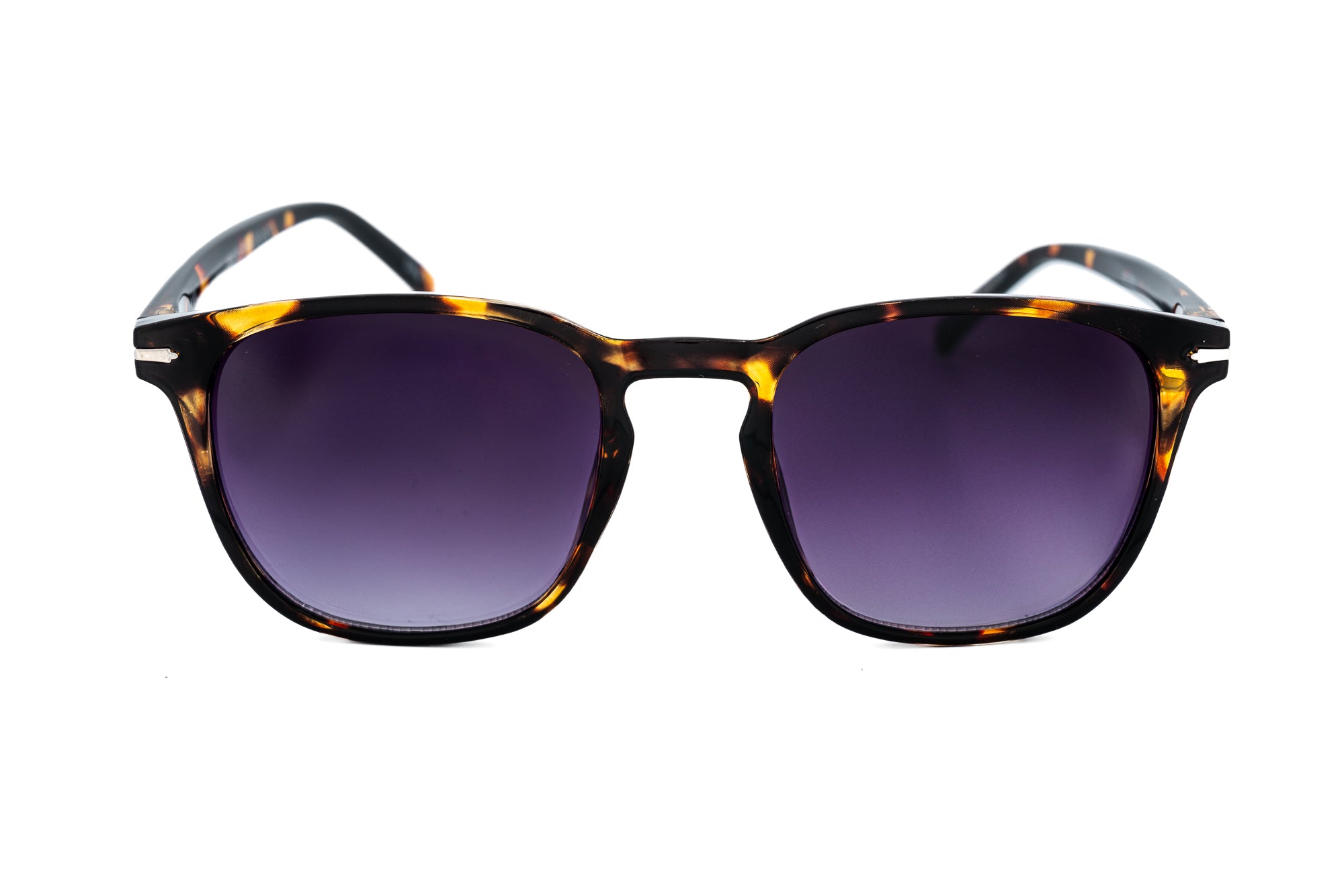 Savarin by Bolero Eyewear tortoiseshell sunglasses with smoke purple UV lenses front angle view
