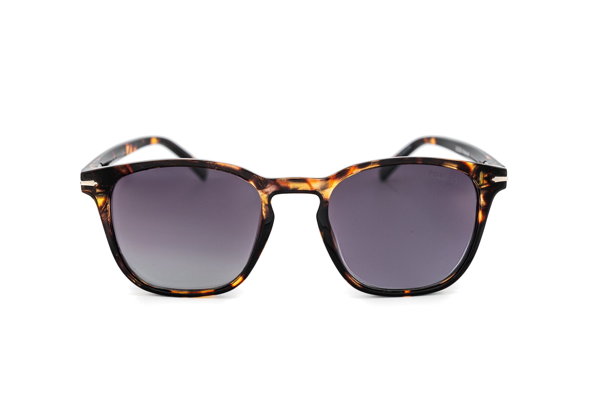 Savarin by Bolero Eyewear tortoiseshell sunglasses with smoke purple UV lenses front angle view