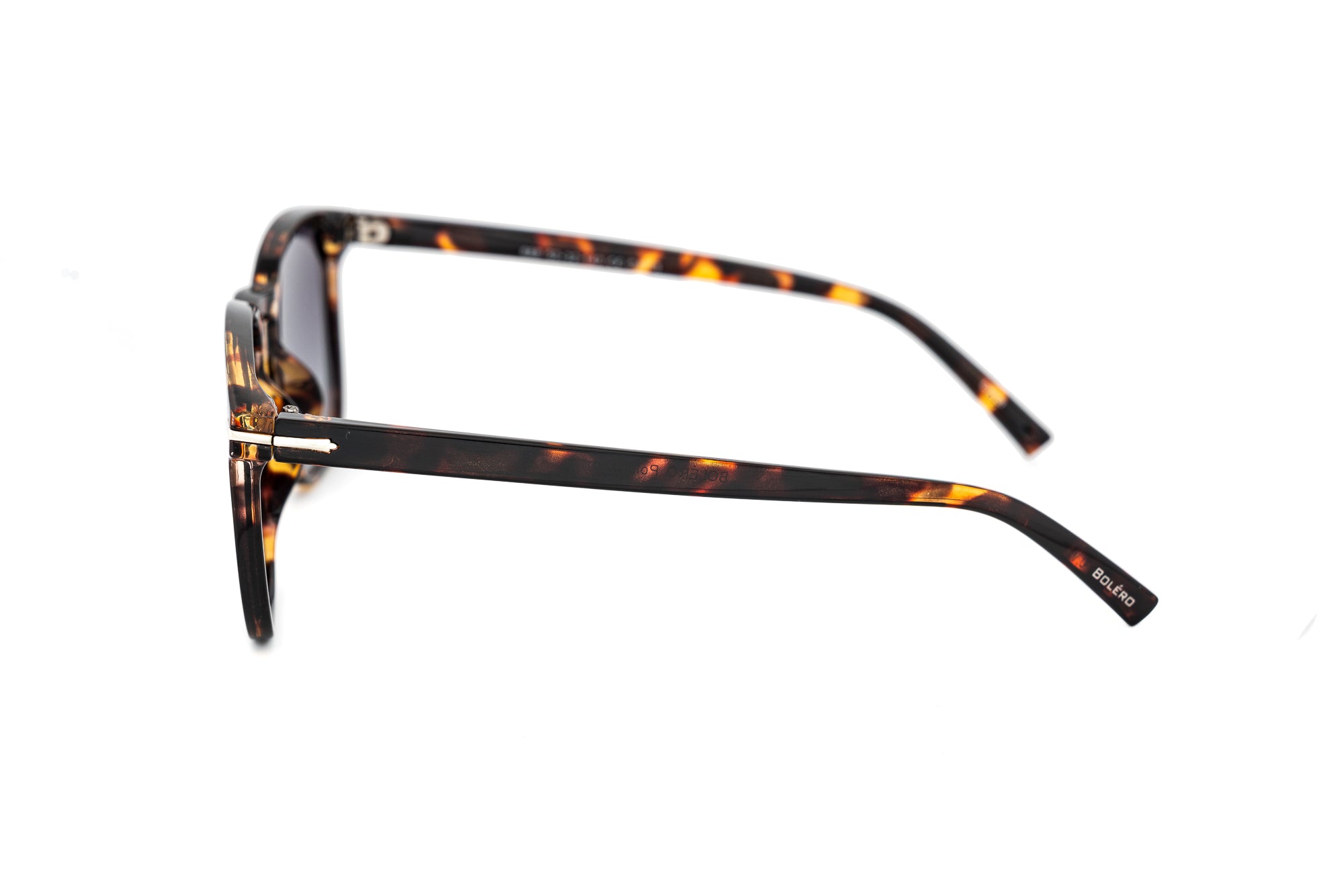 Savarin by Bolero Eyewear tortoiseshell sunglasses with smoke purple UV lenses
side angle view