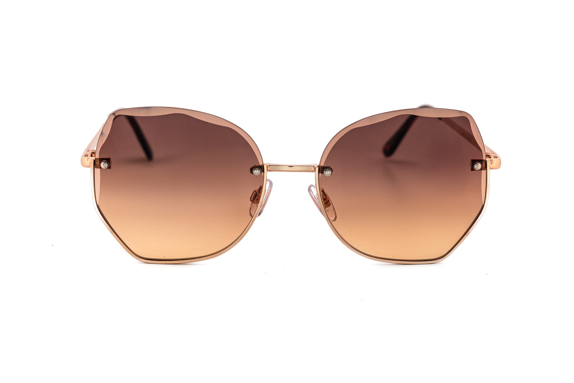 Selara by Bolero Eyewear rose-gold geometric sunglasses with brown gradient lenses front angle view