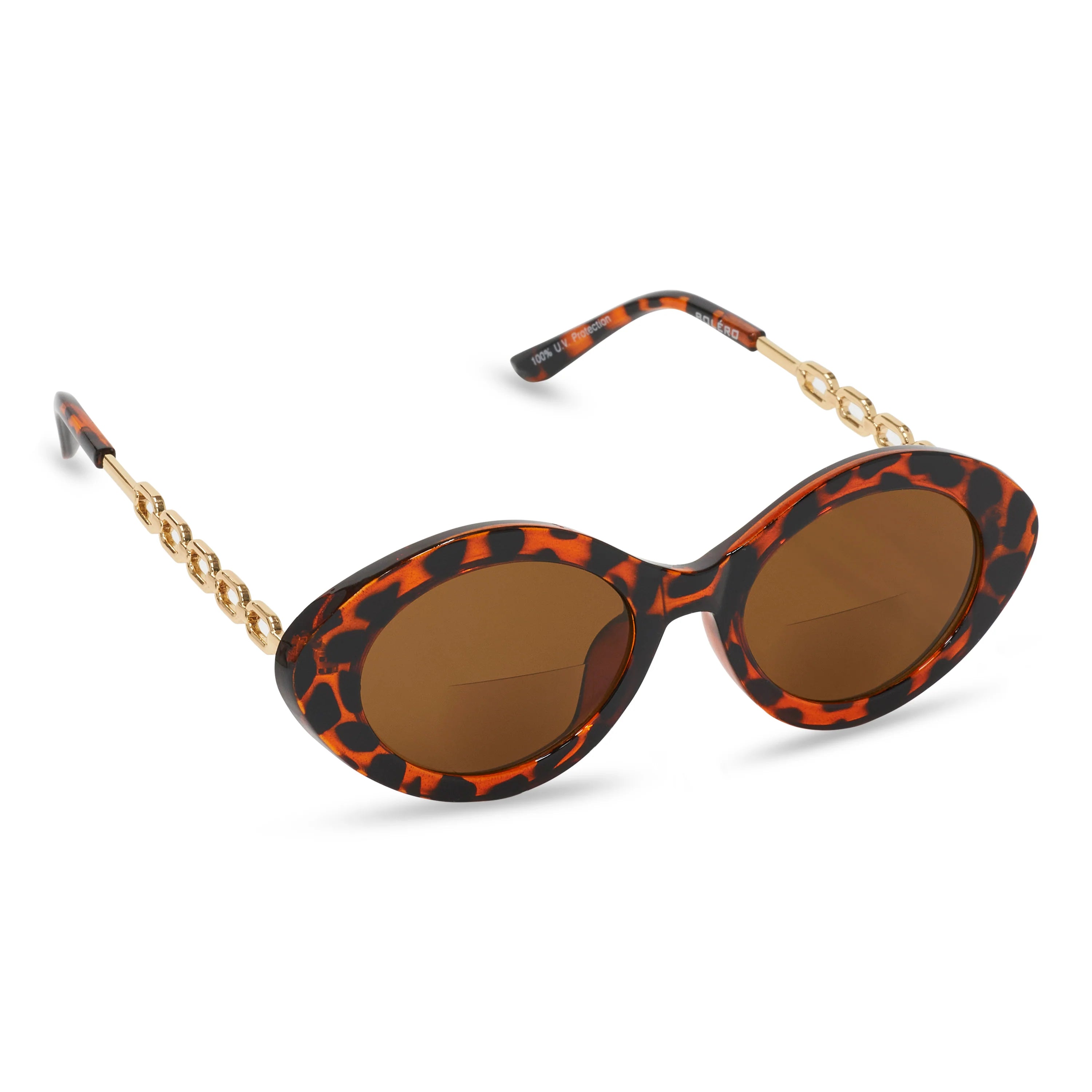 Seraphine by Bolero Eyewear tortoiseshell oval sun readers with gold-link metal temples rear three-quarter angle view