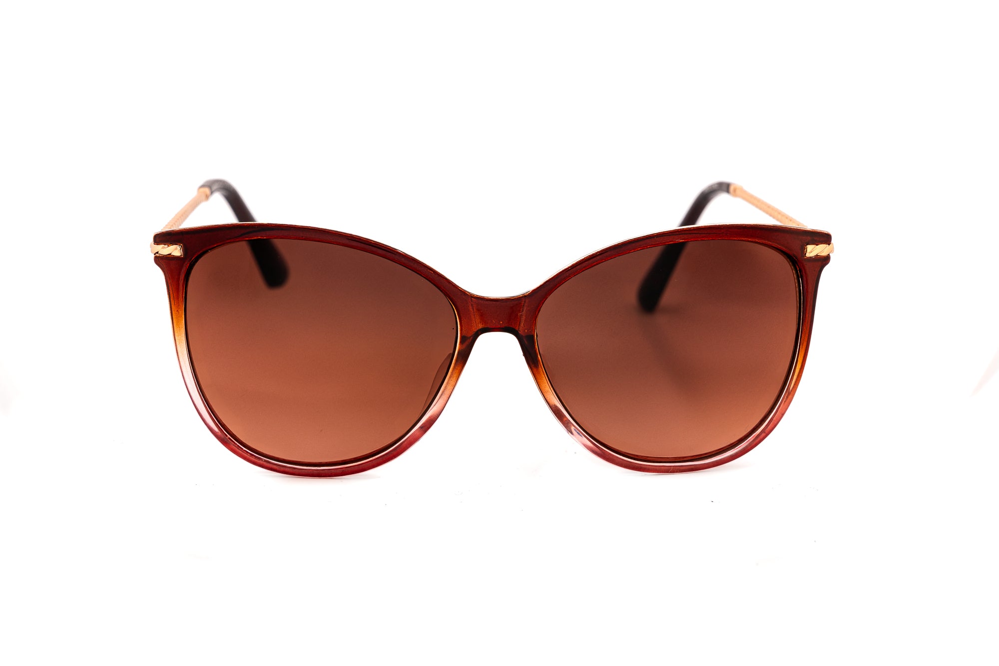 Serelisse by Bolero Eyewear brown cat-eye sunglasses with gold twisted temples and gradient brown UV lenses front angle view