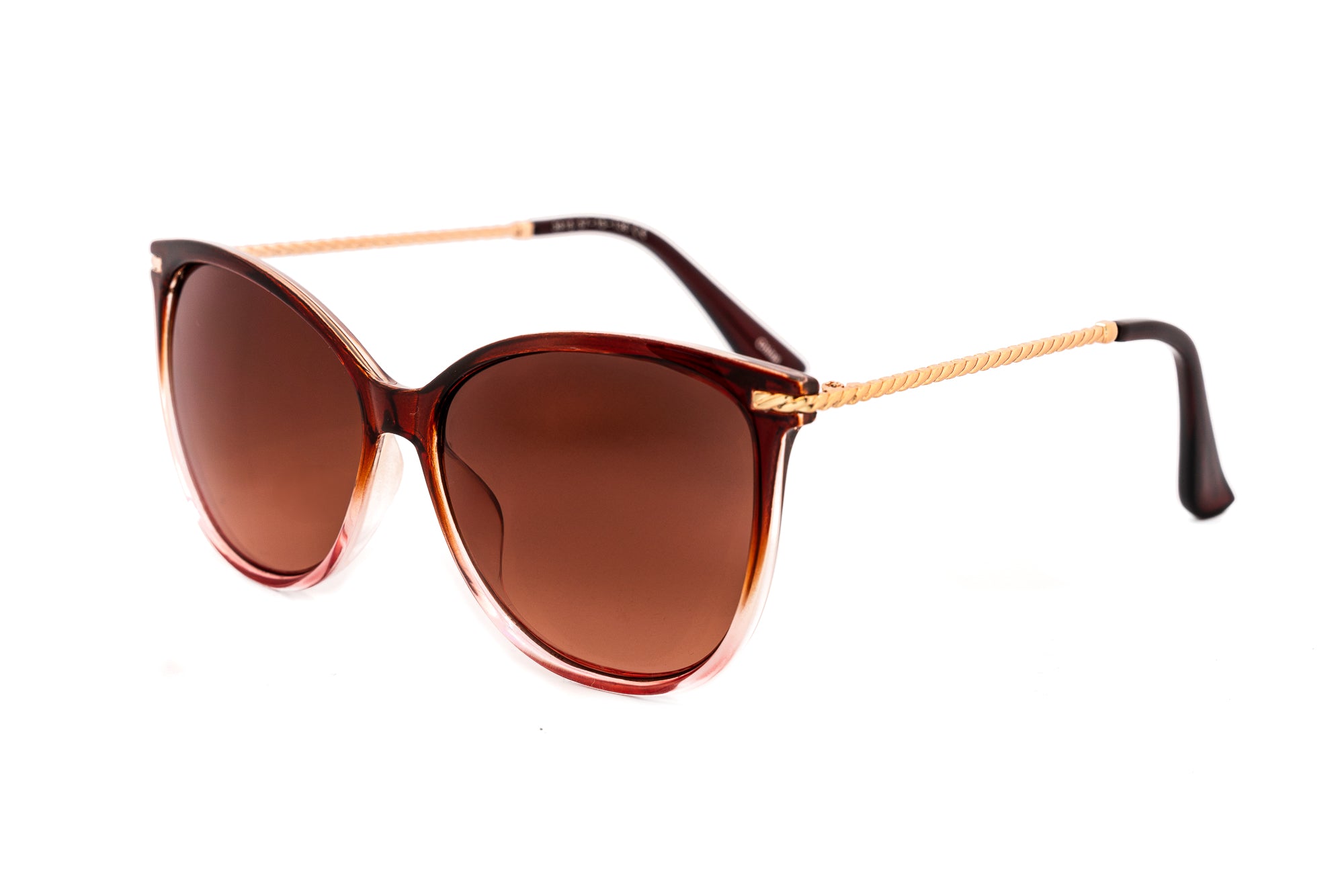 Serelisse by Bolero Eyewear brown cat-eye sunglasses with gold twisted temples and gradient brown UV lenses