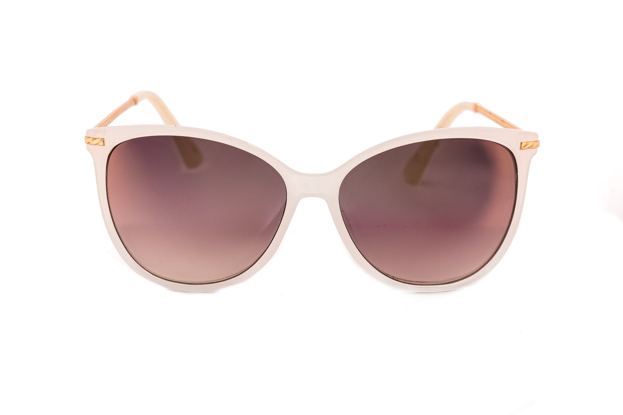 Serelisse by Bolero Eyewear white cat-eye sunglasses with rose-gold twisted metal temples and UV protective brown lenses front angle view
