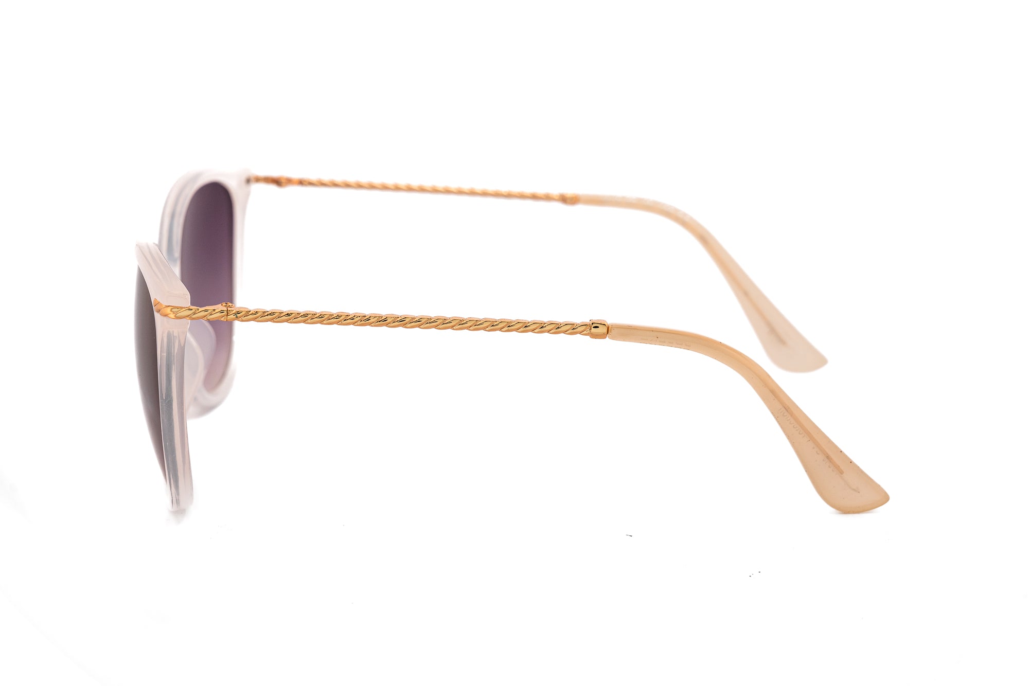 Serelisse by Bolero Eyewear white cat-eye sunglasses with rose-gold twisted metal temples and UV protective brown lenses side angle view