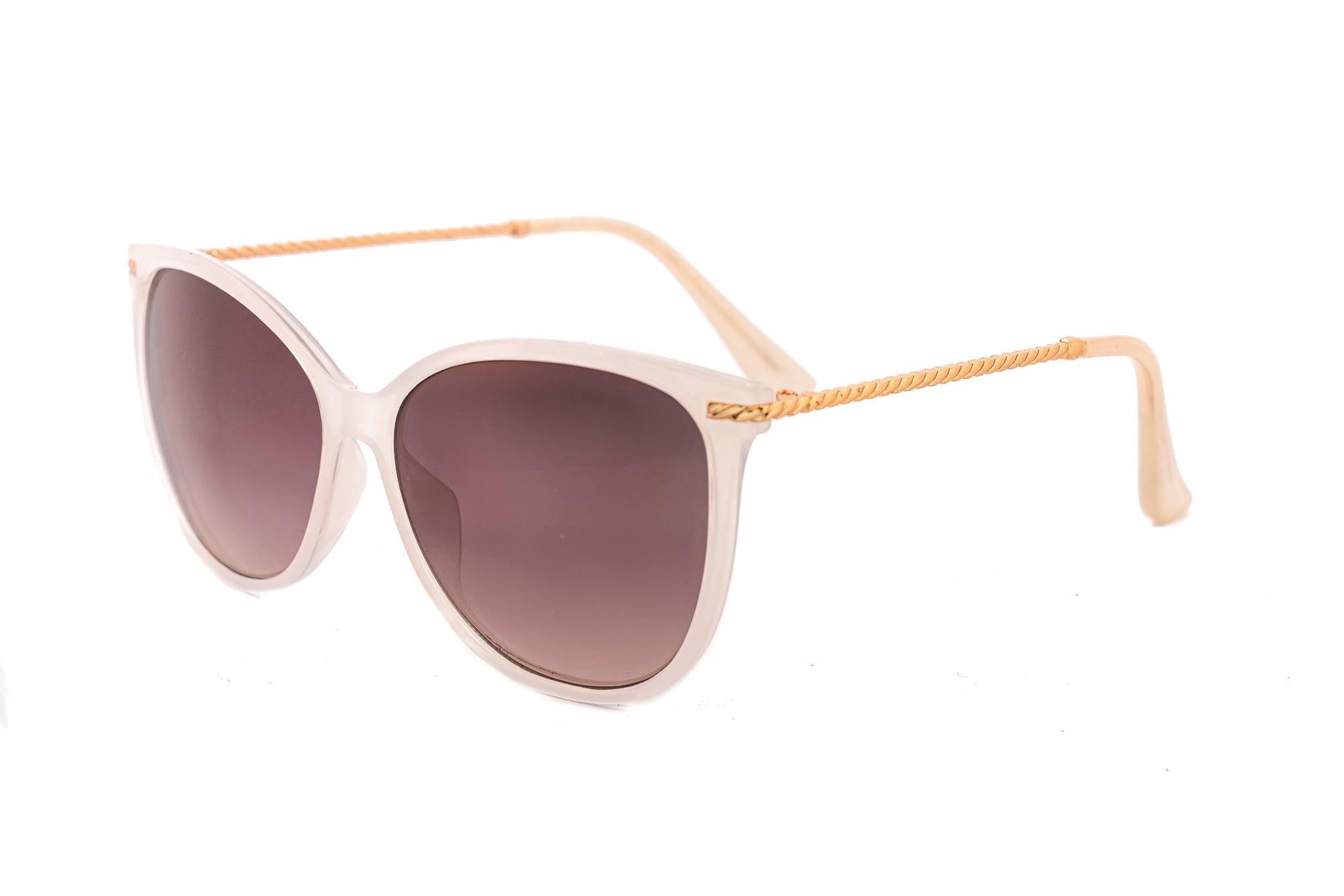 Serelisse by Bolero Eyewear white cat-eye sunglasses with rose-gold twisted metal temples and UV protective brown lenses