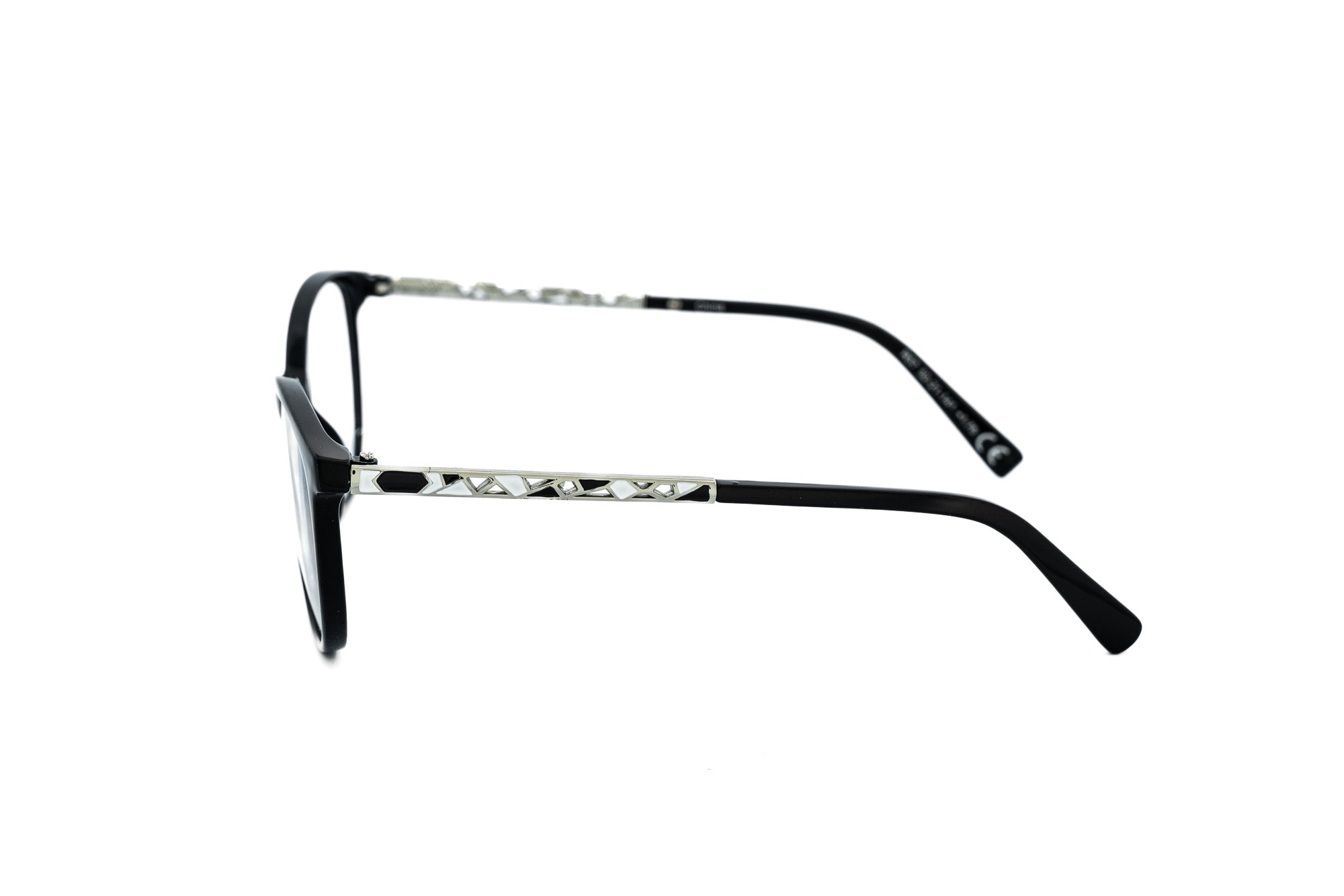 Seronda by Bolero Eyewear black cat-eye reading glasses with textured metal temples side angle view