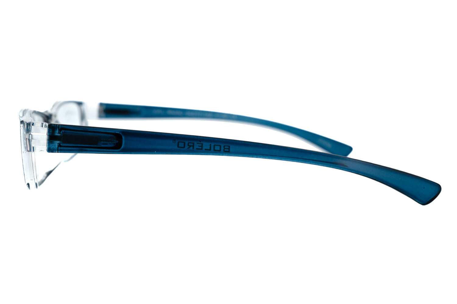 Blue Sienna reading glasses by Bolero Eyewear with slim rectangular lenses and lightweight temples side angle view