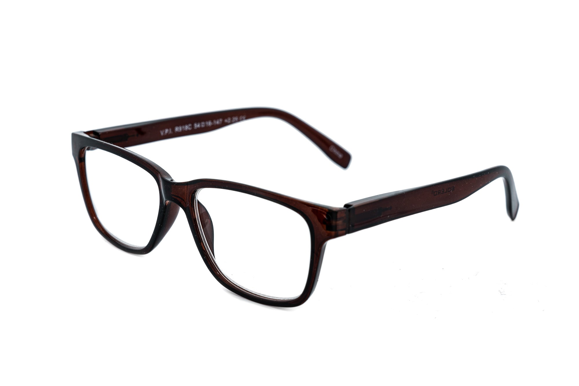 Brown Silvano rectangular reading glasses by Bolero Eyewear with translucent finish and scratch-resistant lenses