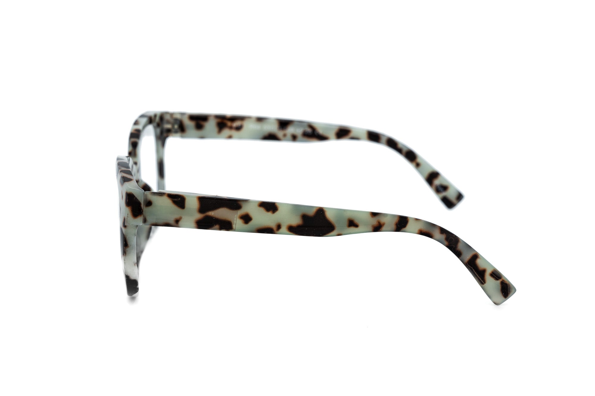 Solara reading glasses in gray tortoise leopard pattern with square polycarbonate frame side angle view