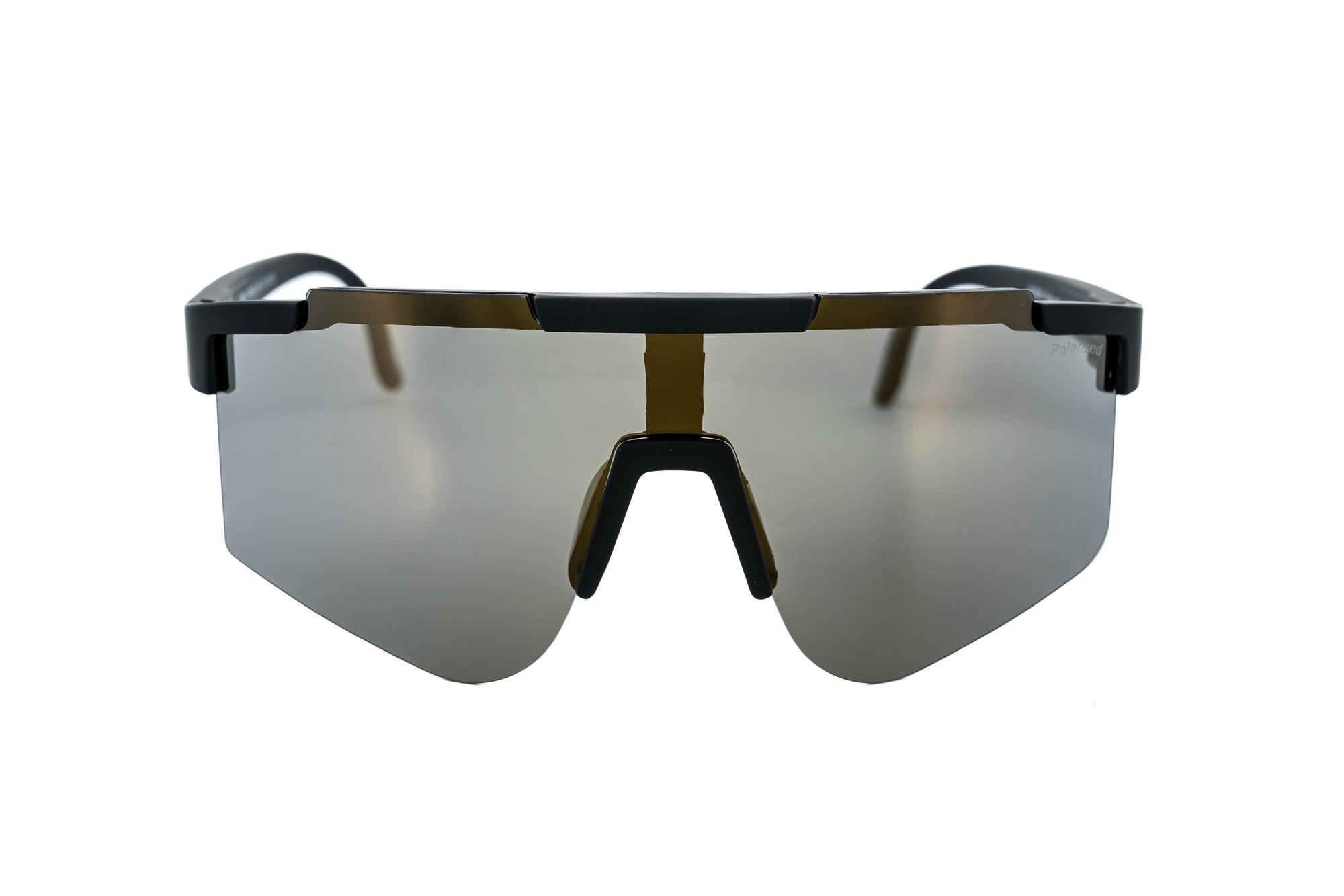 Black Solstice shield sunglasses with polarized black mirror visor lens by Bolero Eyewear front angle view