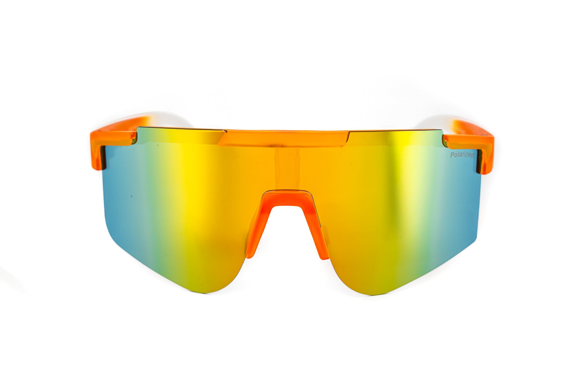 Orange Solstice shield sunglasses with polarized yellow mirror lens and wide sport frame front angle view