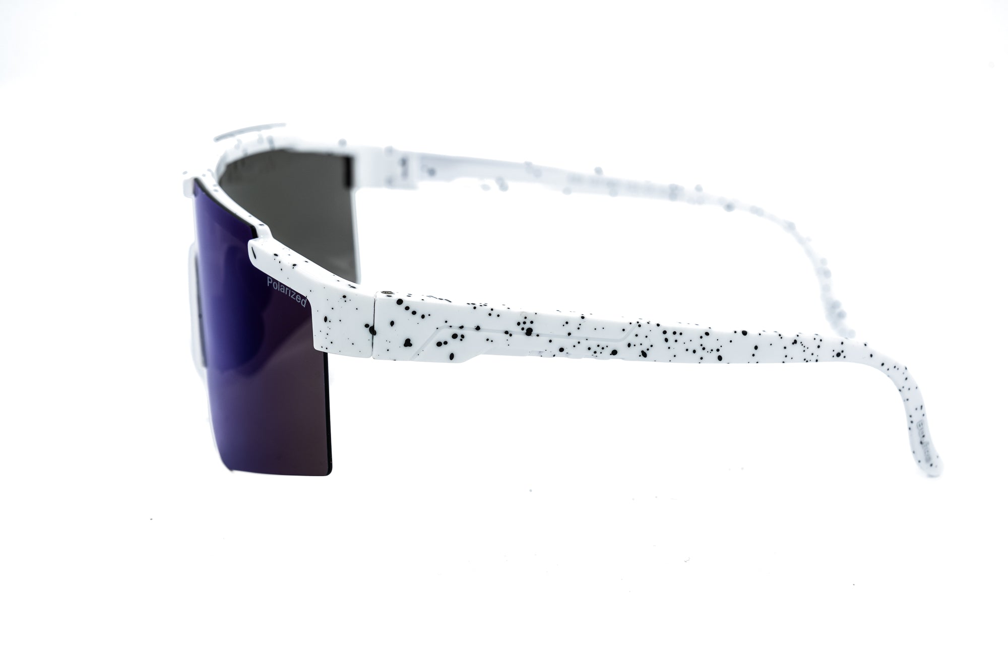 Bolero Eyewear Solstice white shield sunglasses with polarized blue mirror lens side angle view
