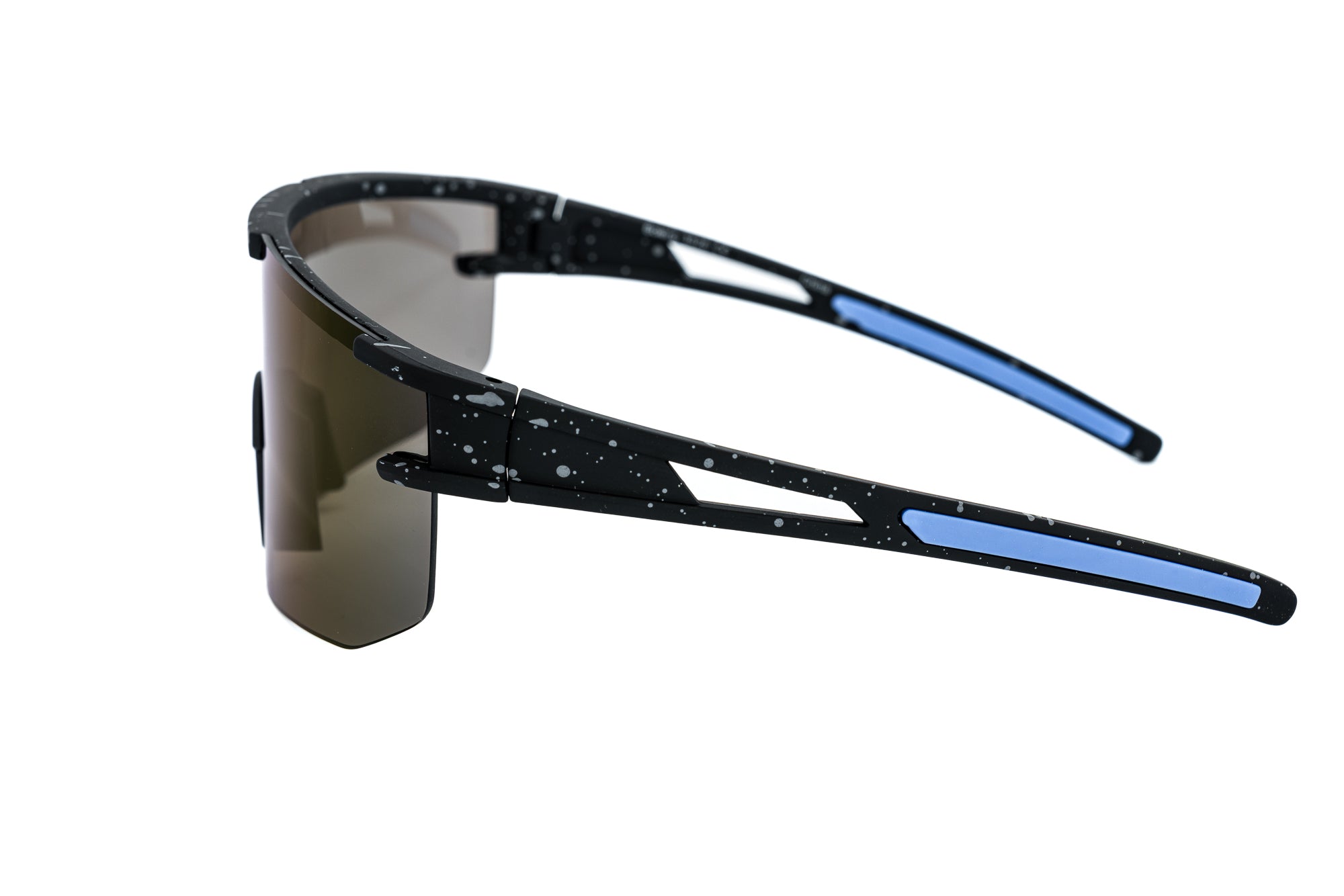 Solvex by Bolero Eyewear black and blue sports shield sunglasses with wraparound polycarbonate lens side angle view