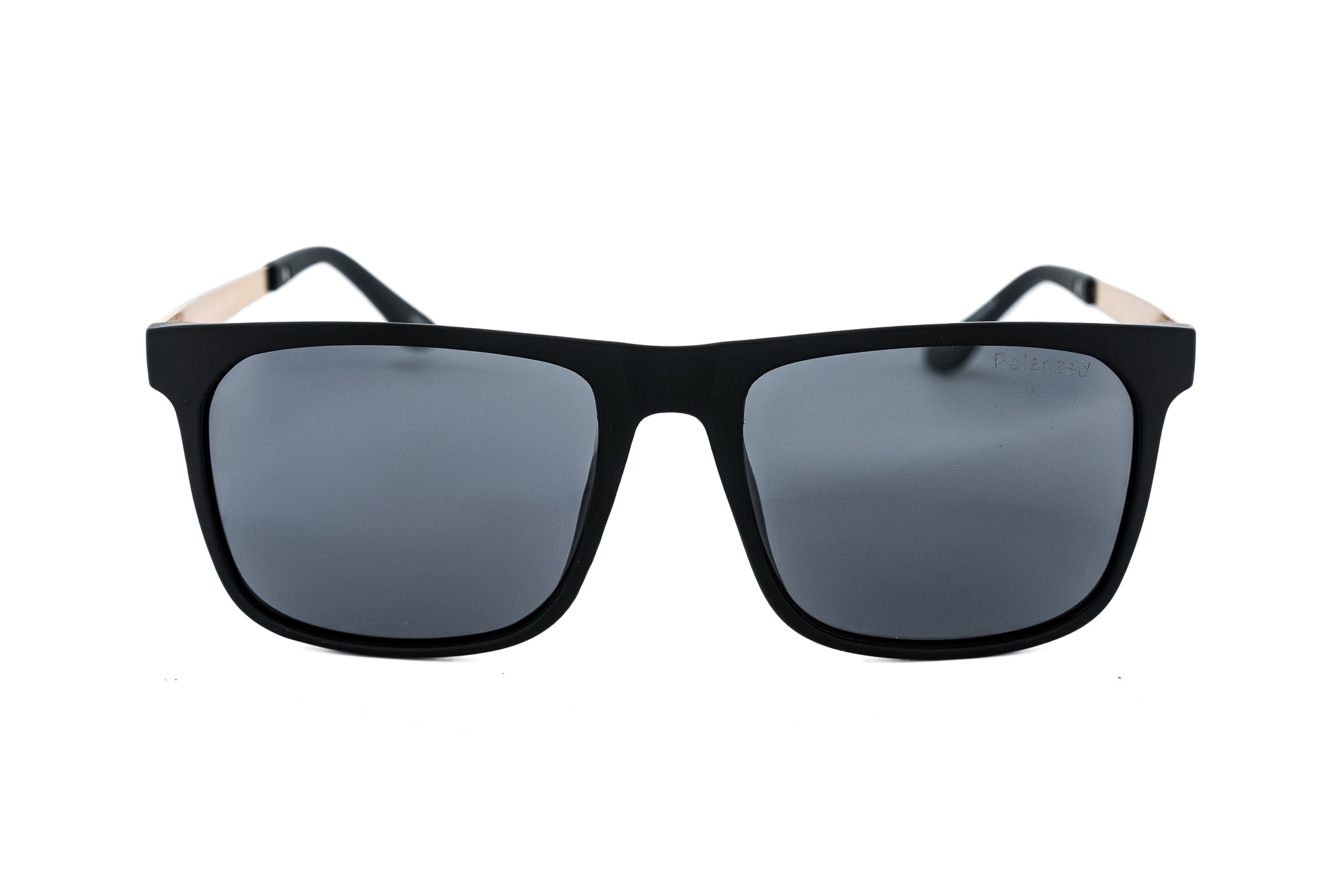 Soren by Bolero Eyewear black sunglasses with polarized lenses and gold metal temples front angle view