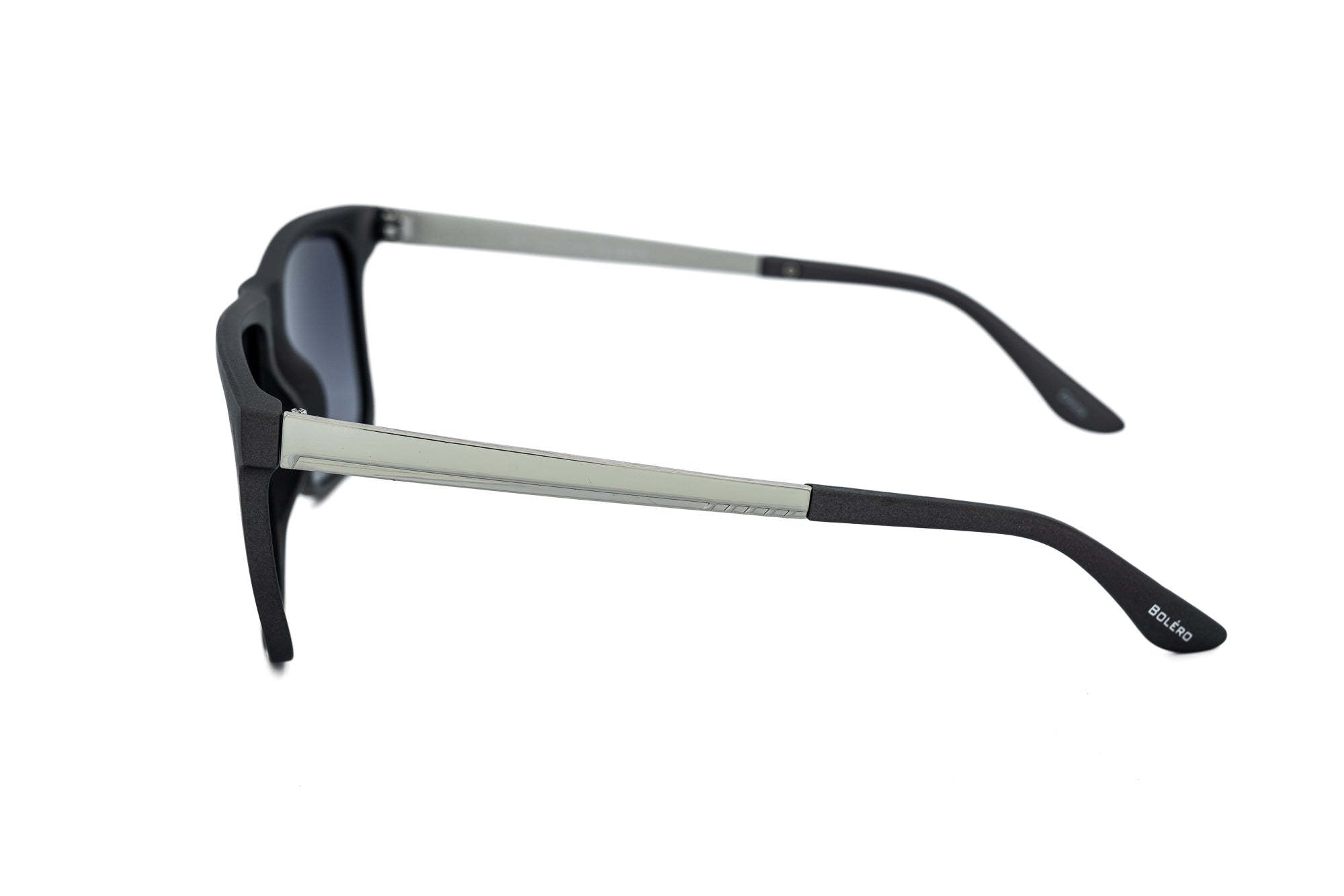 Soren polarized square sunglasses with lightweight black frame and silver metal arms side angle view