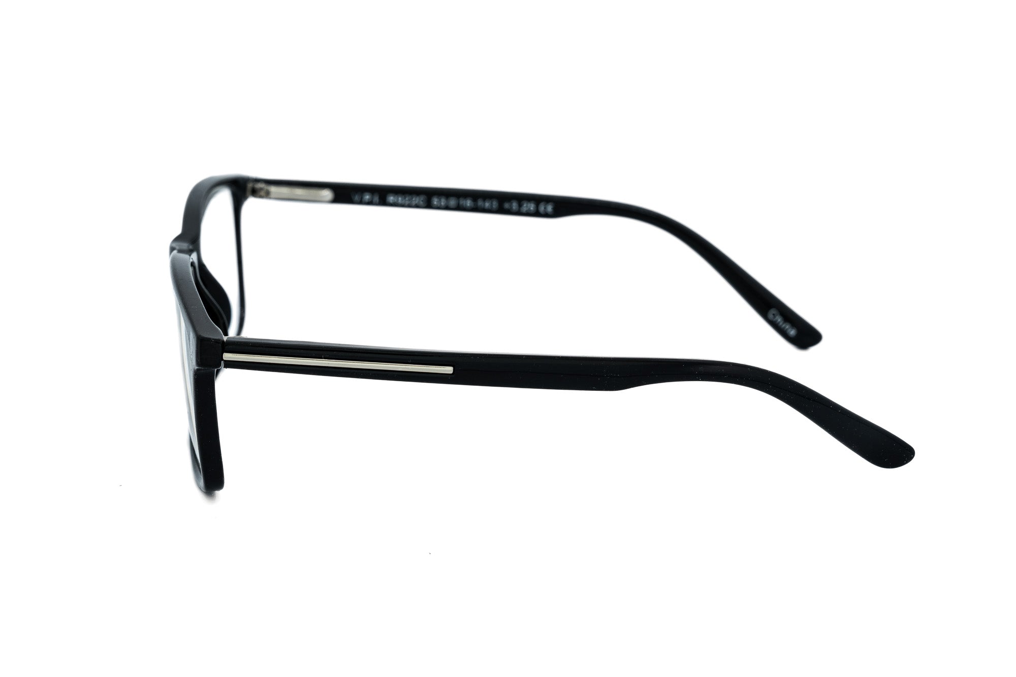 Black Strado reading glasses featuring a modern square silhouette and metallic-accented temples side angle view