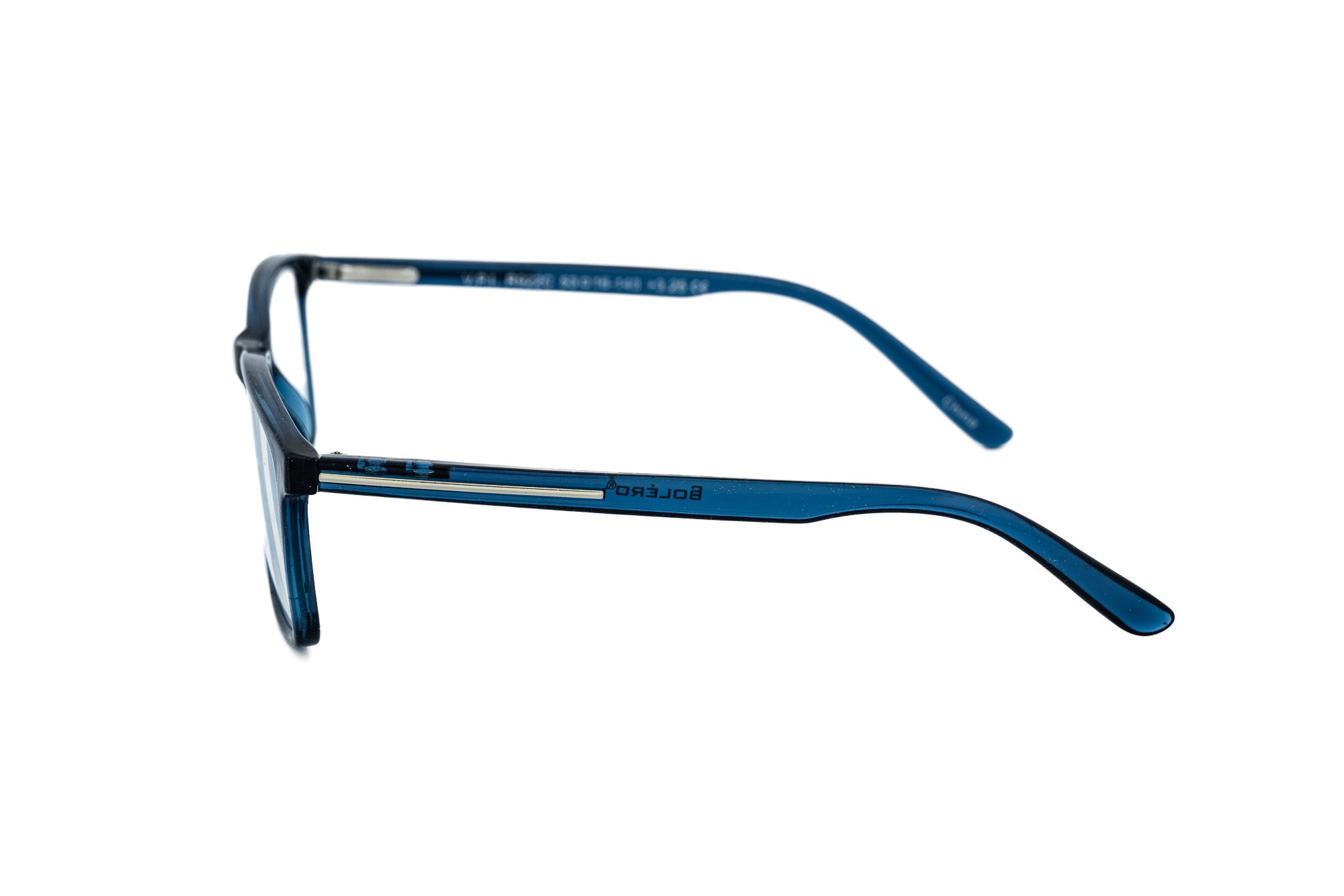 Strado blue rectangular reading glasses by Bolero Eyewear with lightweight polycarbonate frame side angle view