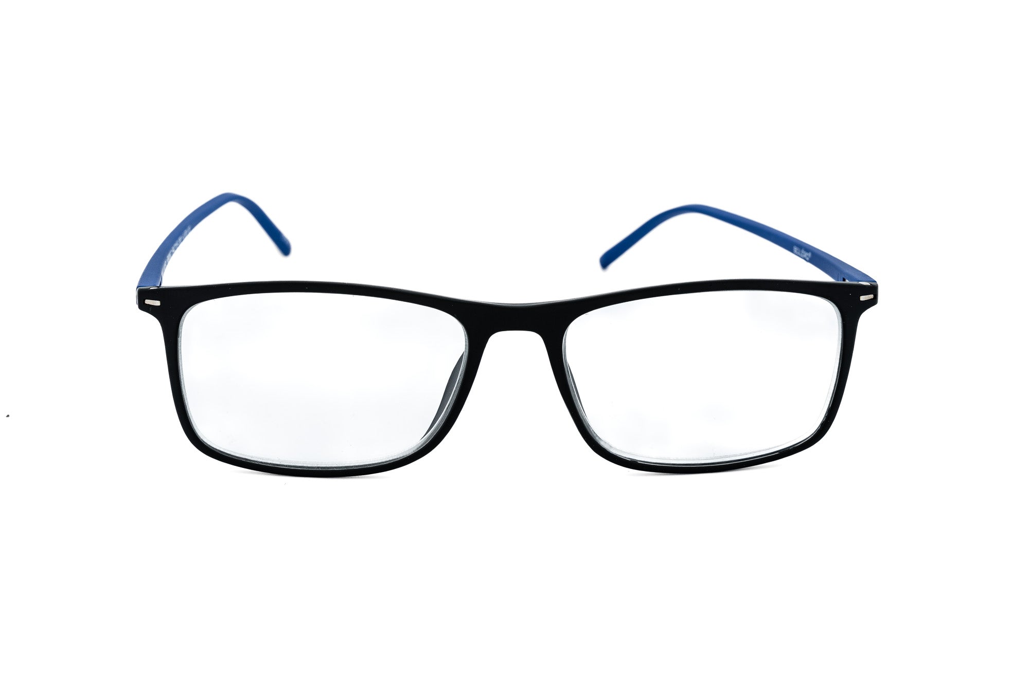 Strato reading glasses with matte black square frame and electric blue temples by Bolero Eyewear front angle view