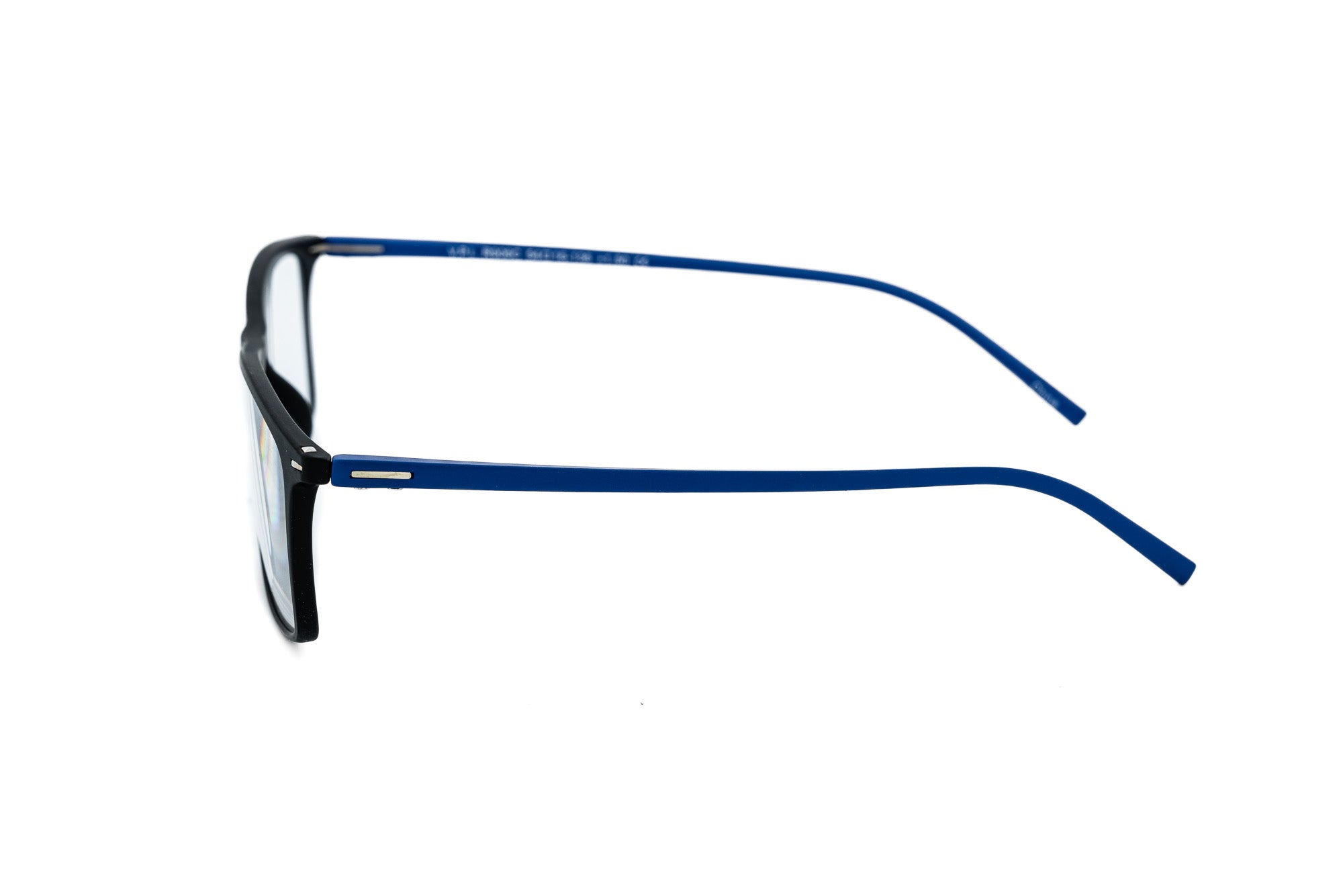 Strato reading glasses with matte black square frame and electric blue temples by Bolero Eyewear side angle view