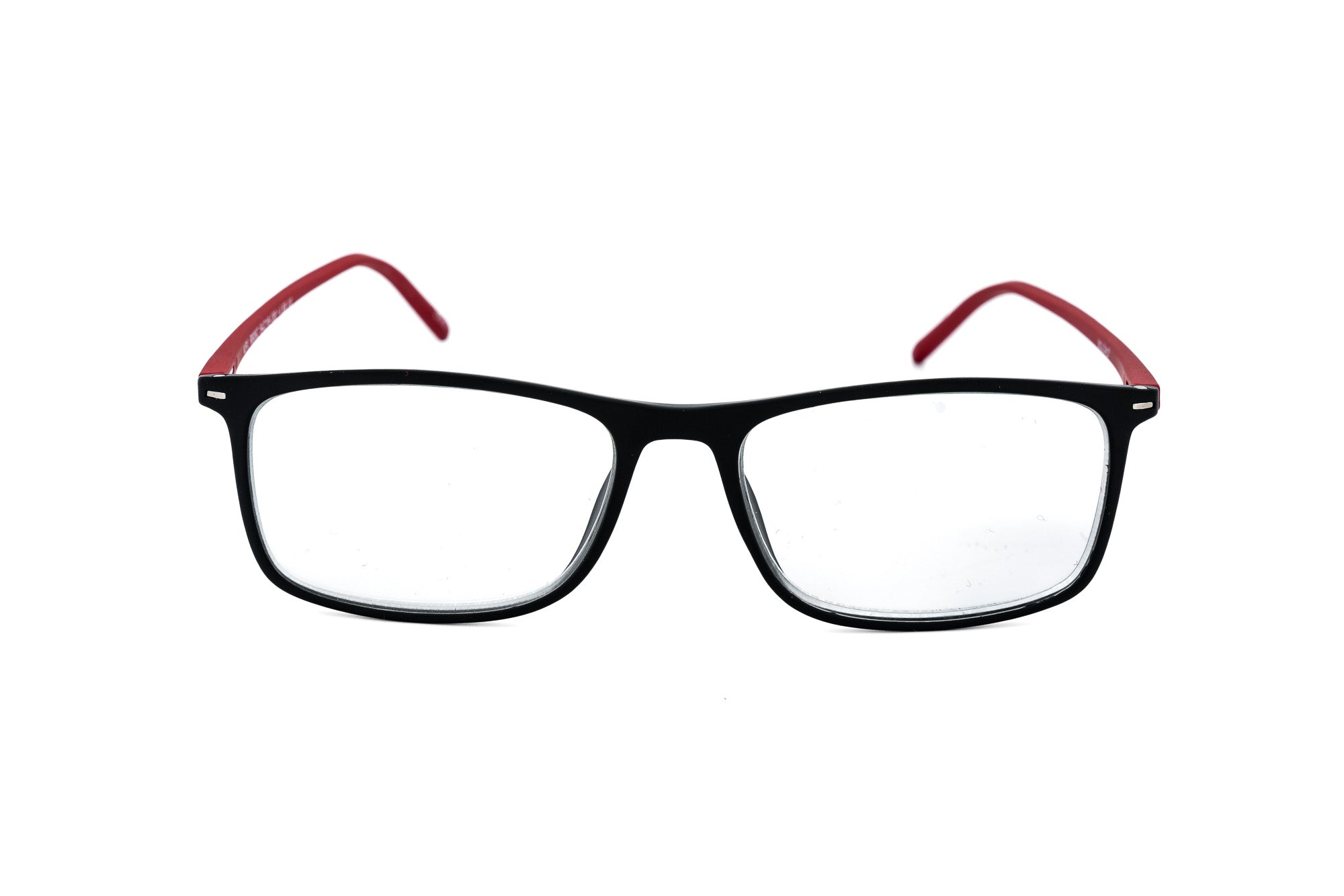 Bolero Eyewear Strato matte black reading glasses with vibrant red contrast temples front angle view