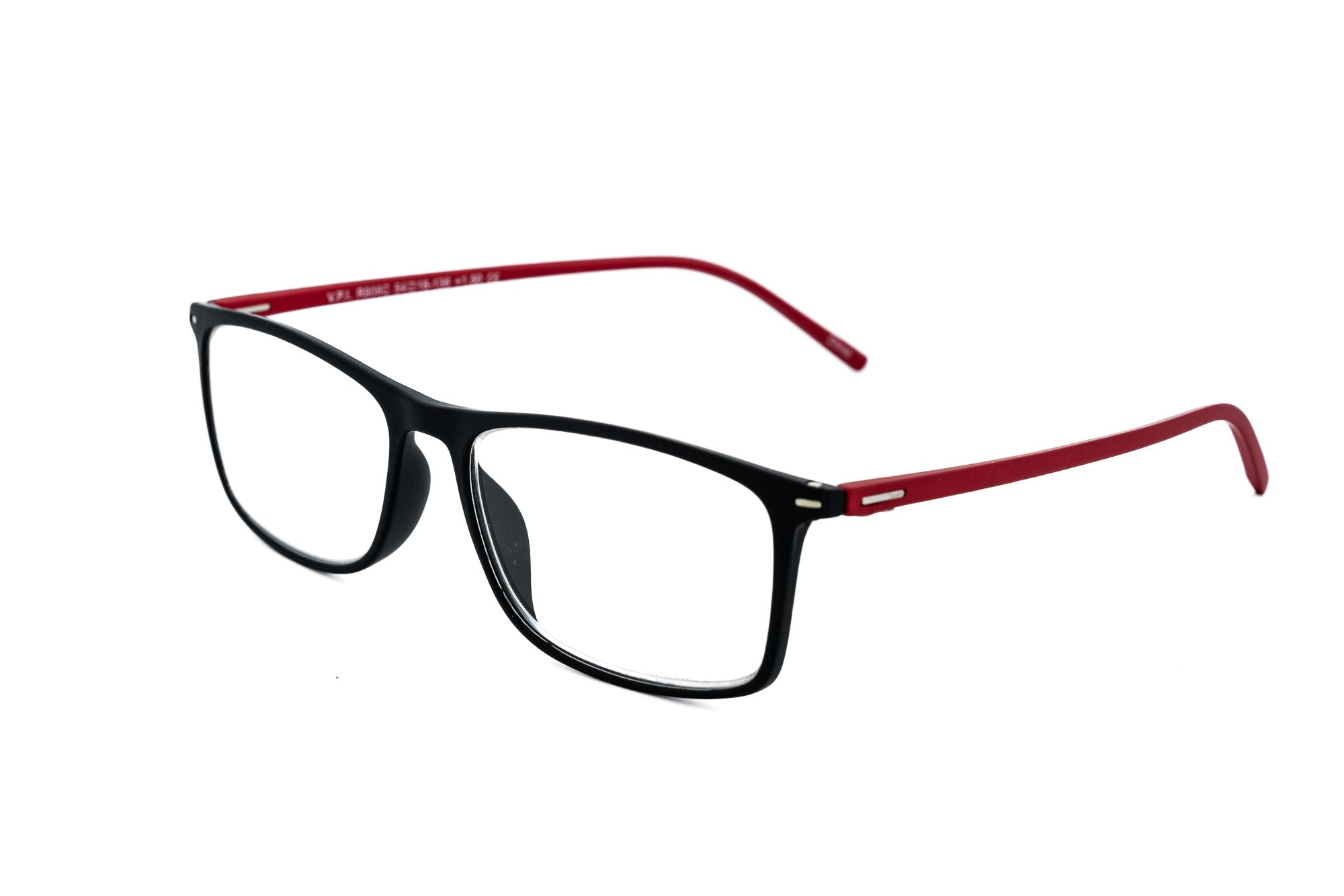 Bolero Eyewear Strato matte black reading glasses with vibrant red contrast temples