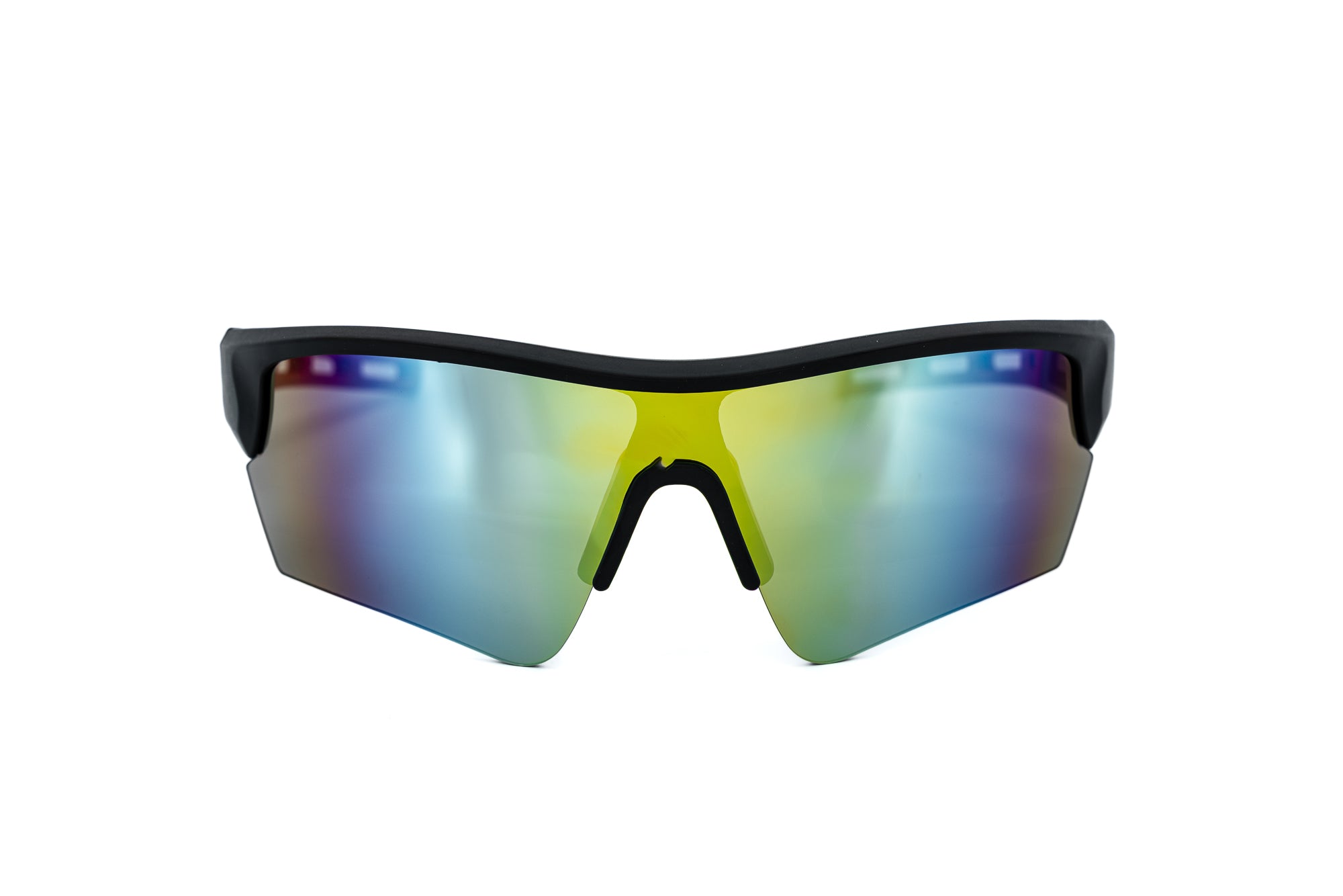 Stratus by Bolero Eyewear Black and red Stratus sport sunglasses with yellow mirror wraparound shield front angle view