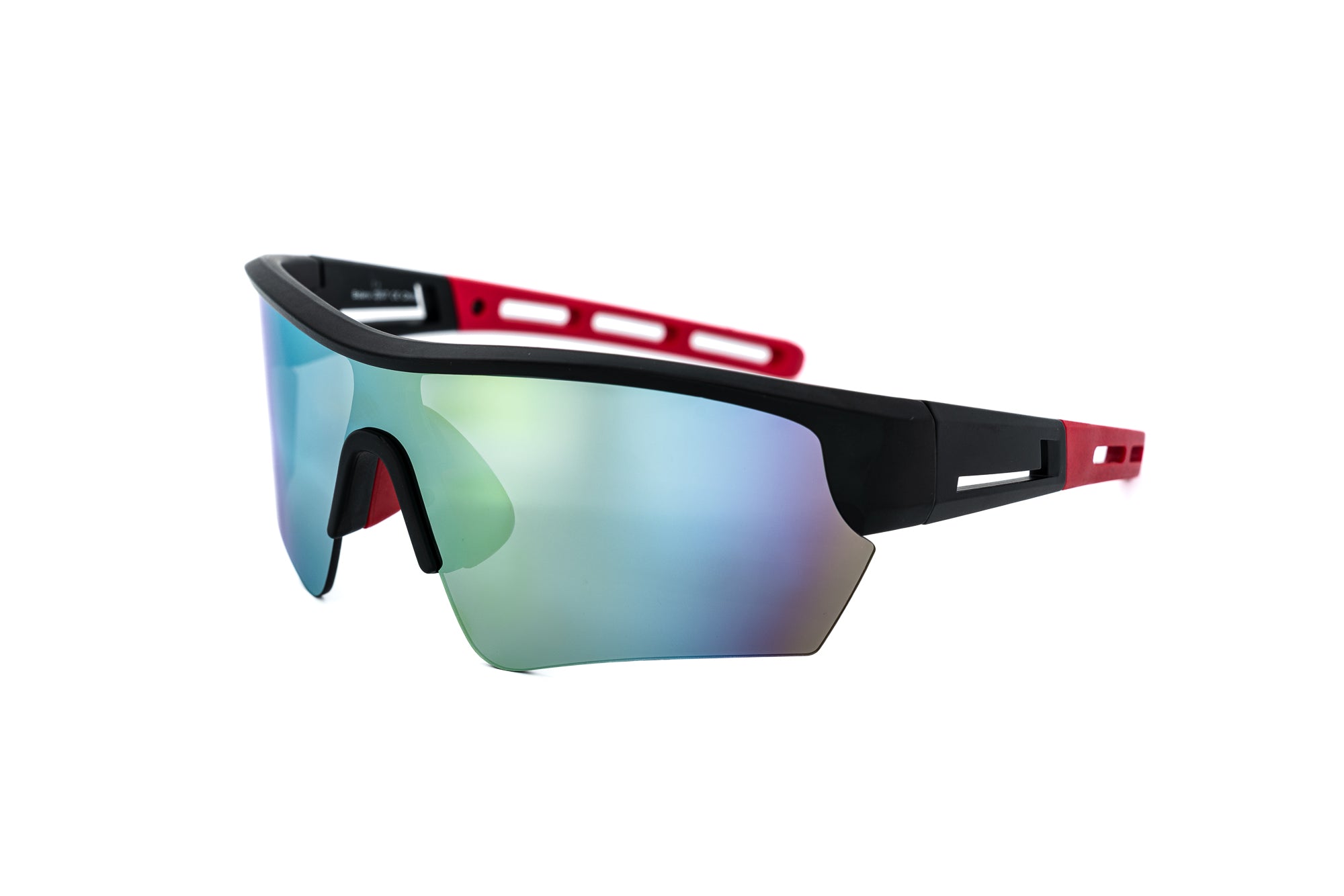Stratus by Bolero Eyewear Black and red Stratus sport sunglasses with yellow mirror wraparound shield